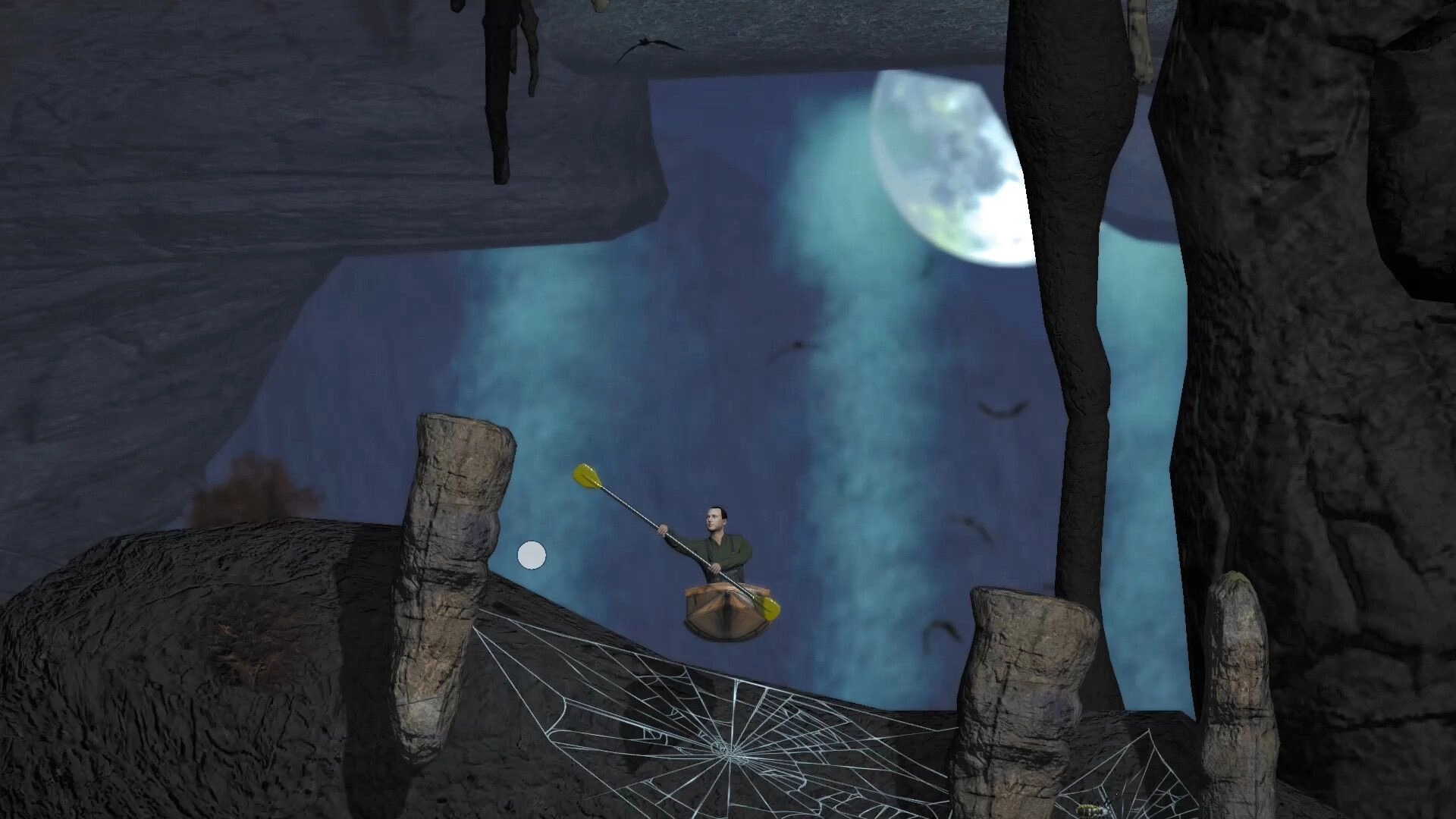 Kayaks Don't Climb: Paddler navigating rocky cave with webbed obstacles and full moon in background