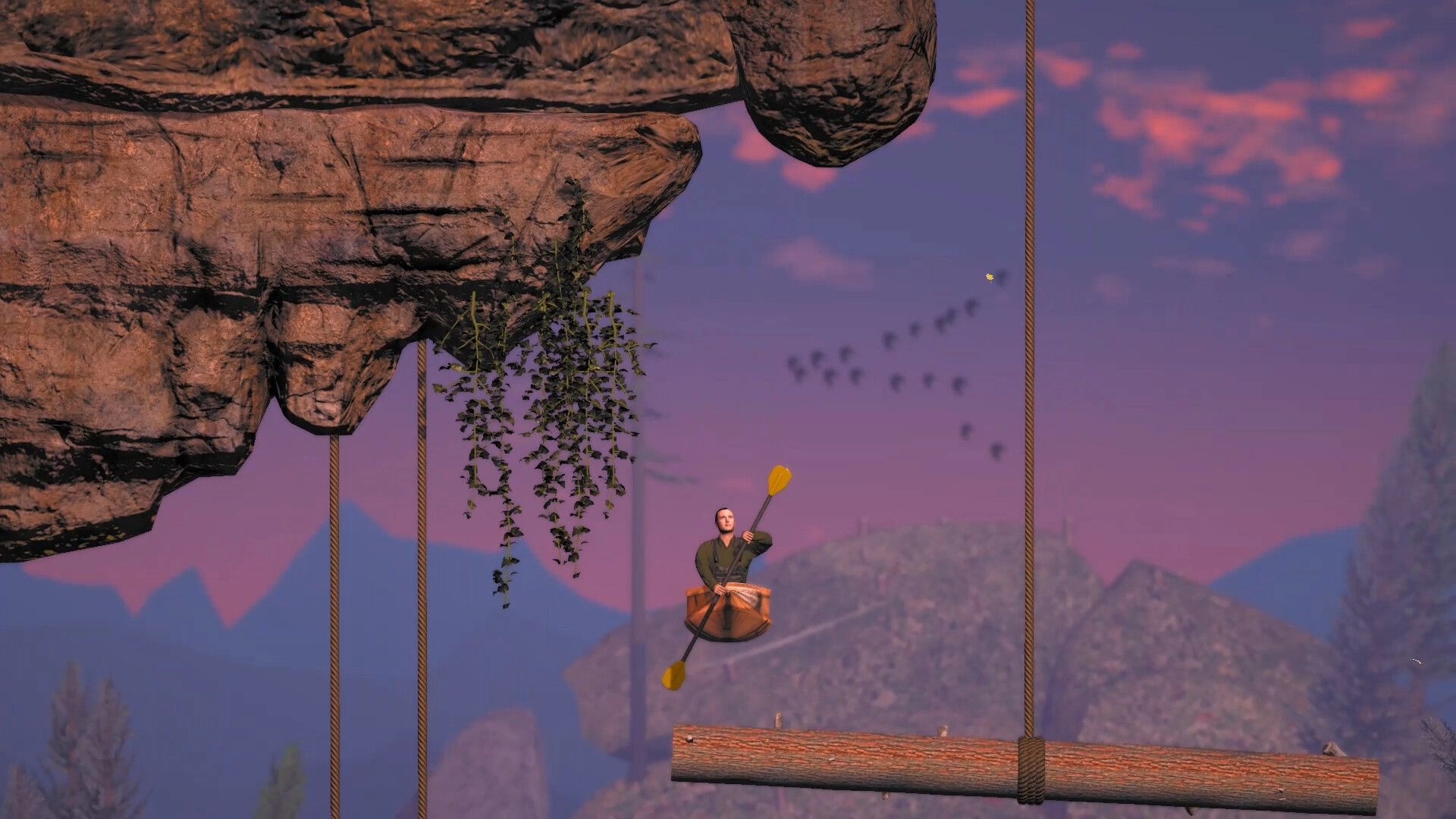 Kayaks Don't Climb: Player paddles mid-air between rocky cliffs at sunset in a surreal mountain landscape.