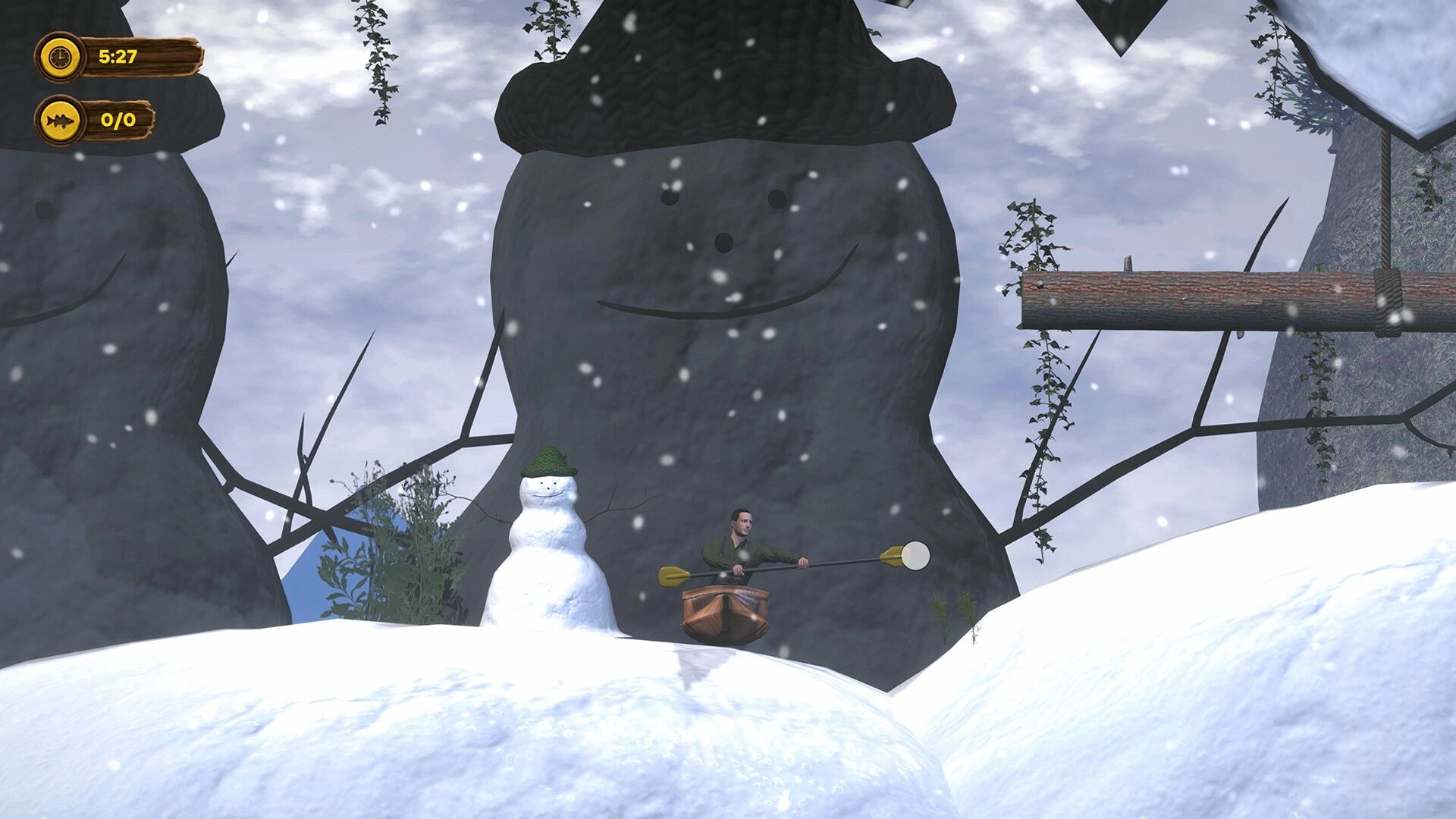 Kayaks Don't Climb: Player paddles uphill in snowy landscape with large snowman and wooden log bridge