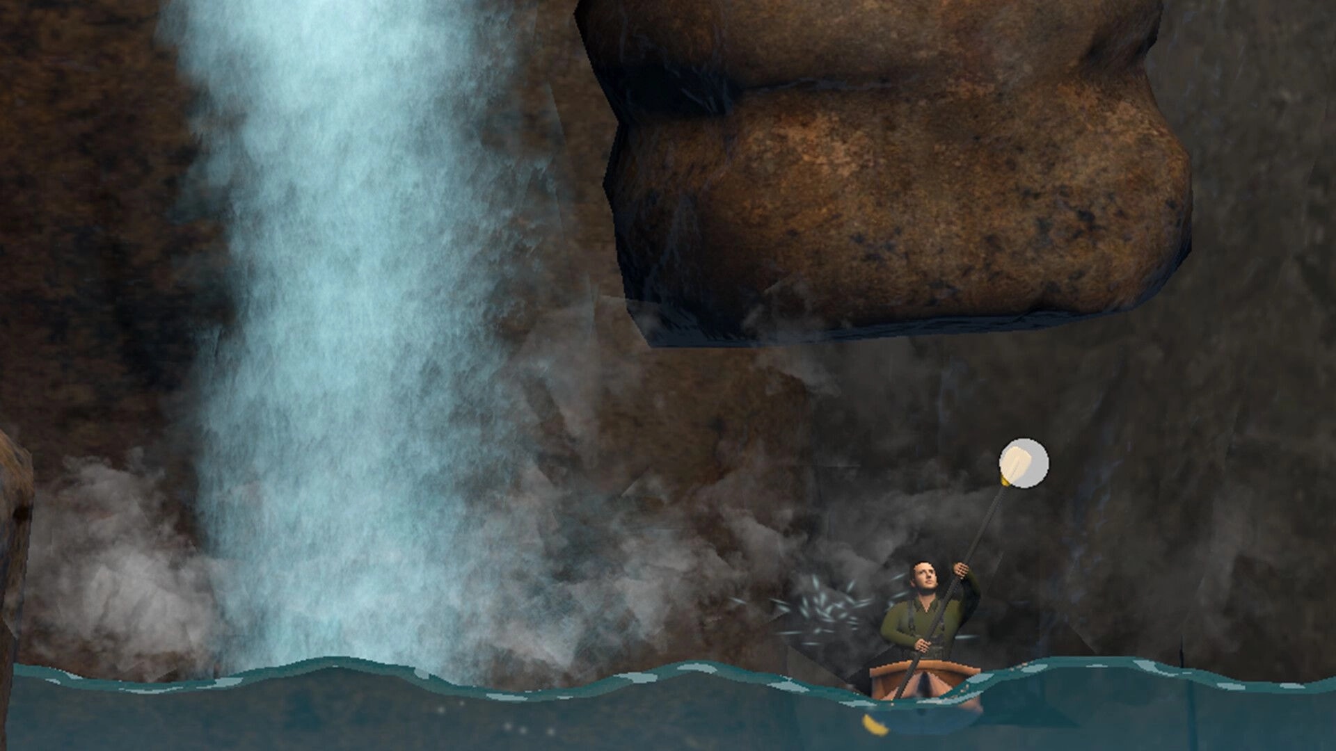 Kayaks Don't Climb: Character paddling a kayak upstream near a waterfall in a rocky canyon environment