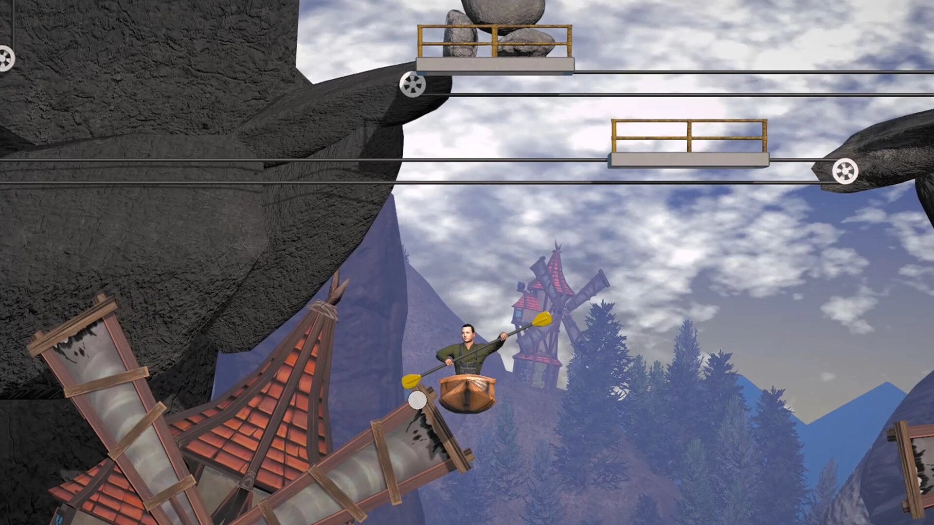 Kayaks Don't Climb: Player paddling kayak over rooftops with windmill and mountains in background