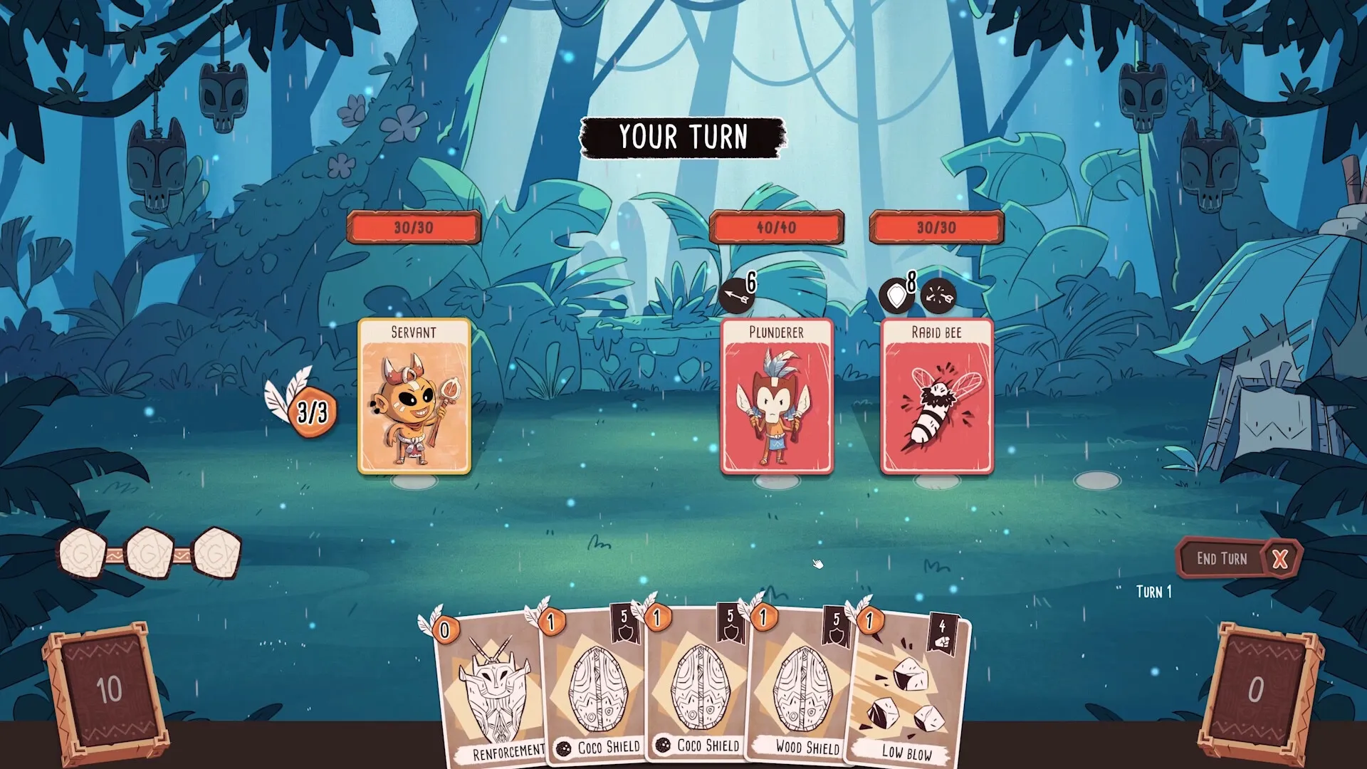 Kaya's Prophecy: Card battle with Servant, Plunderer, and Rabid Bee in a lush forest setting.