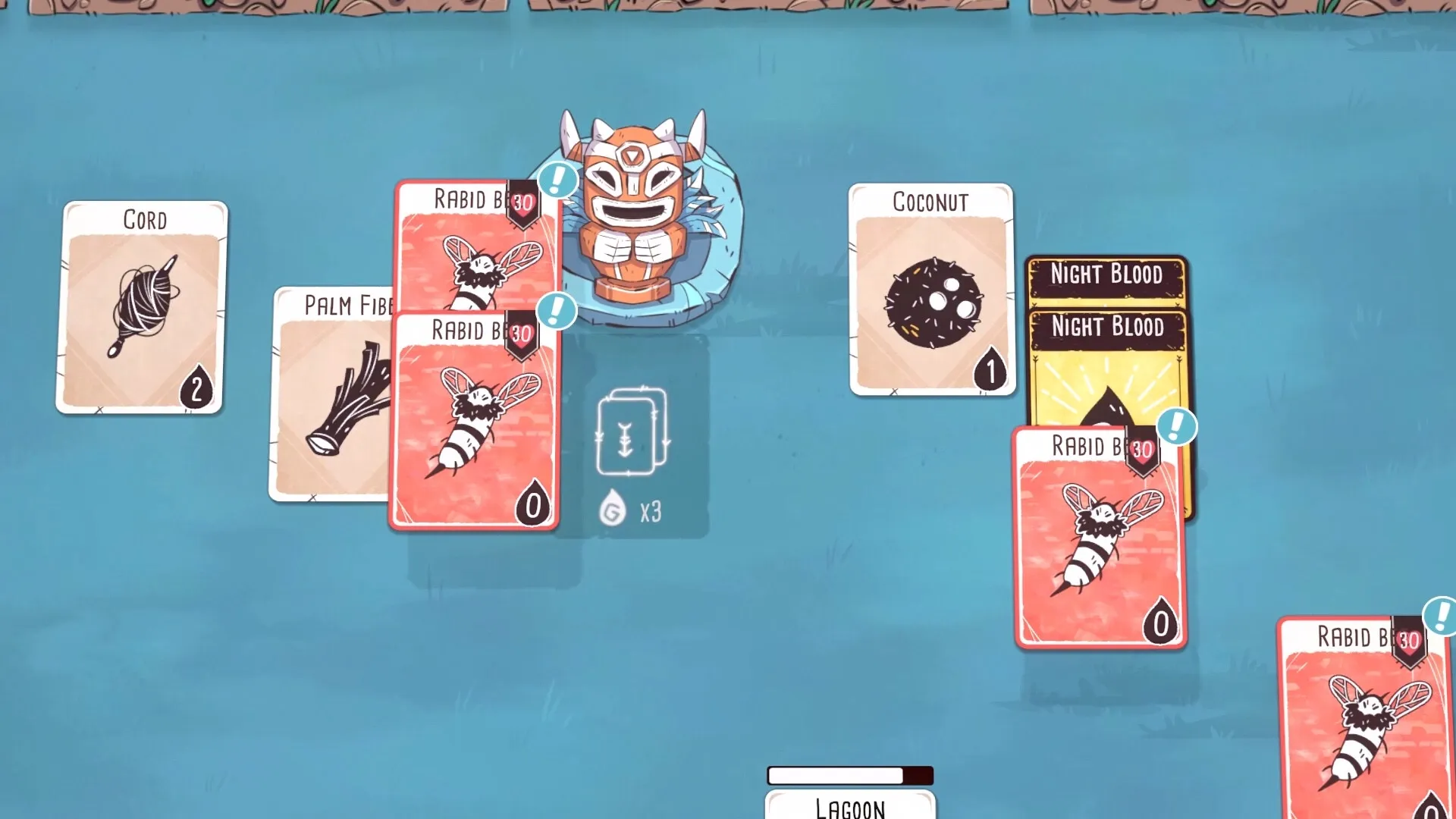 Kaya's Prophecy: Card battle with Rabid Bee enemies and crafting resources in deck-builder interface