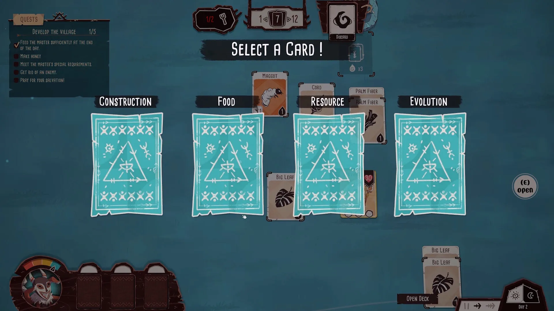Kaya's Prophecy: Card selection interface featuring quests and options for construction, food, and resources.