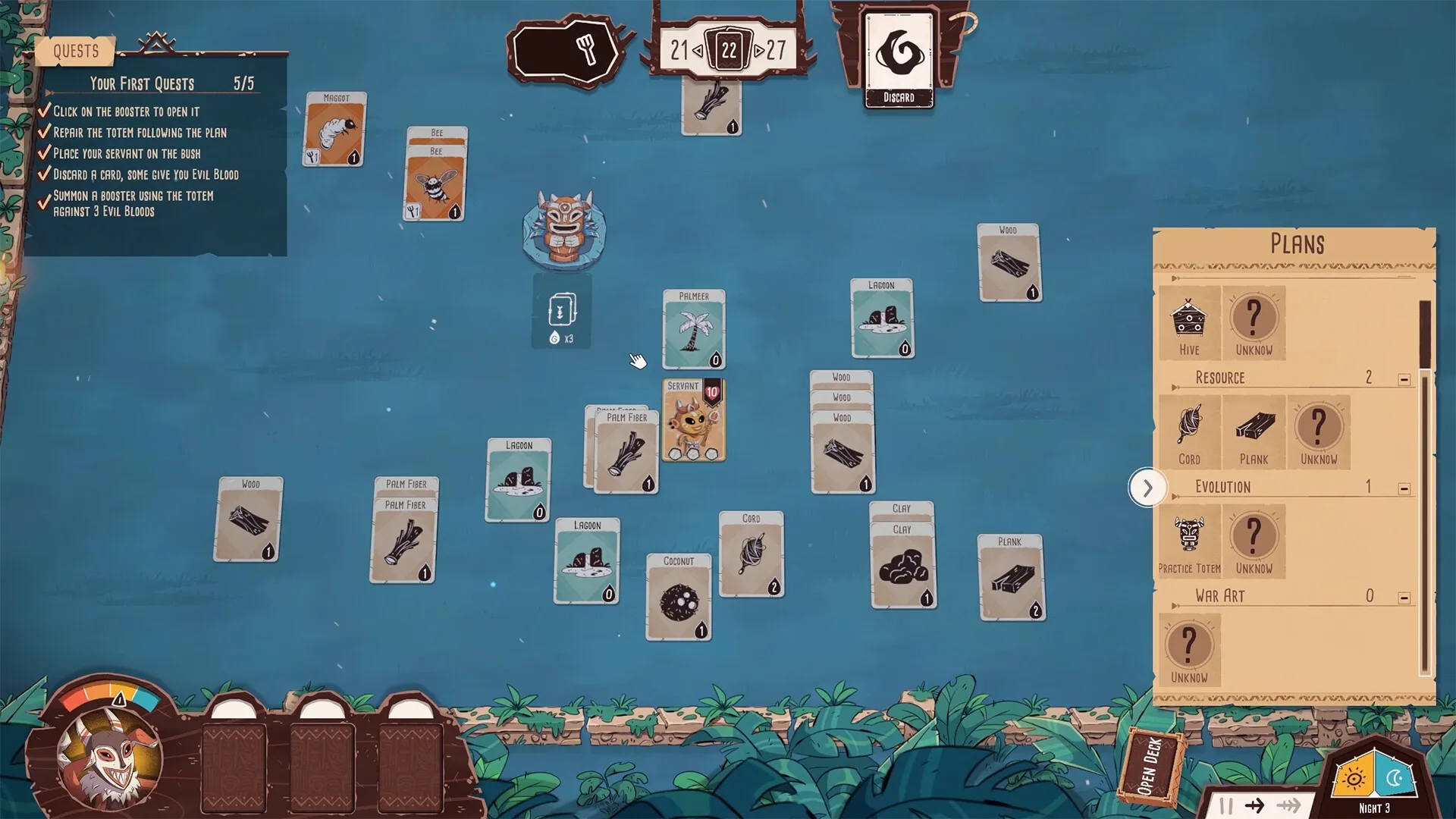 Kaya's Prophecy: Card-based resource management with quests and crafting plans in a vibrant interface.