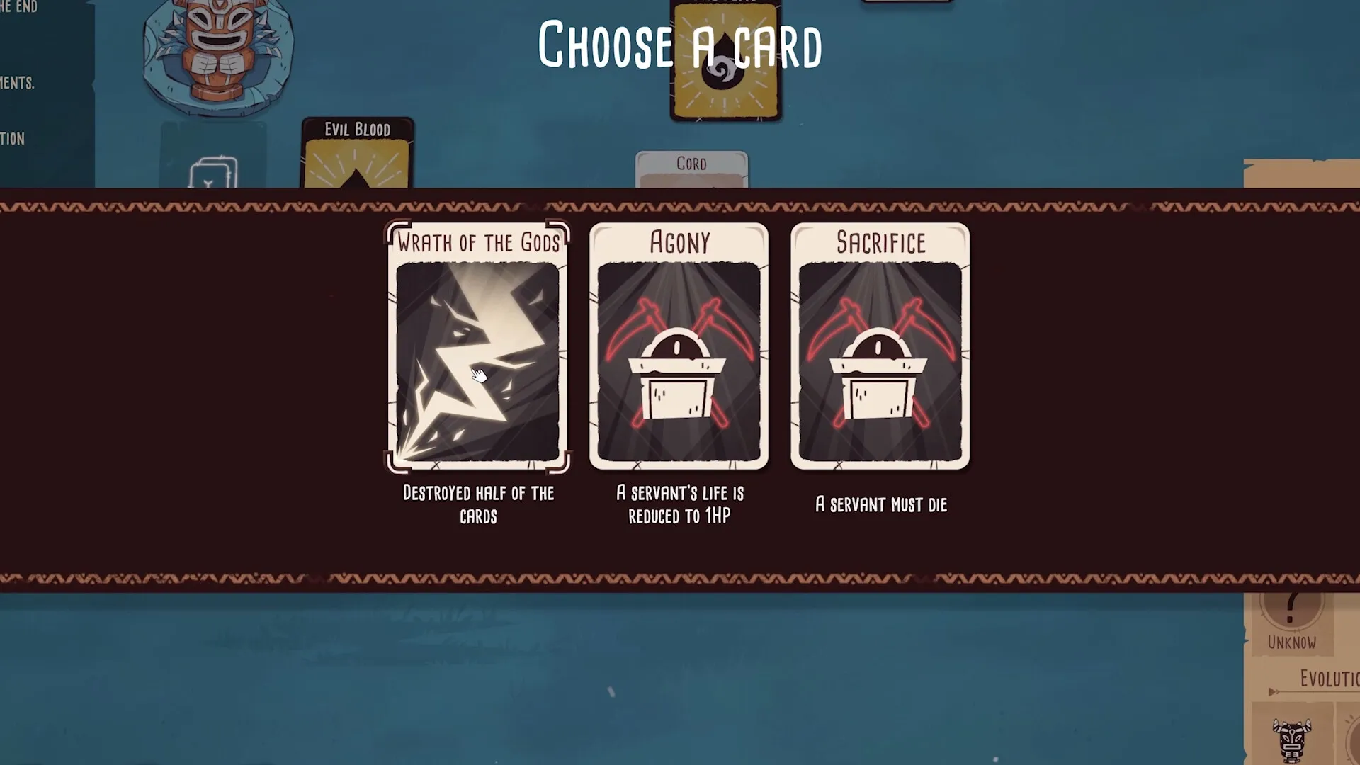 Kaya's Prophecy: Card selection screen with choices "Wrath of the Gods," "Agony," and "Sacrifice"