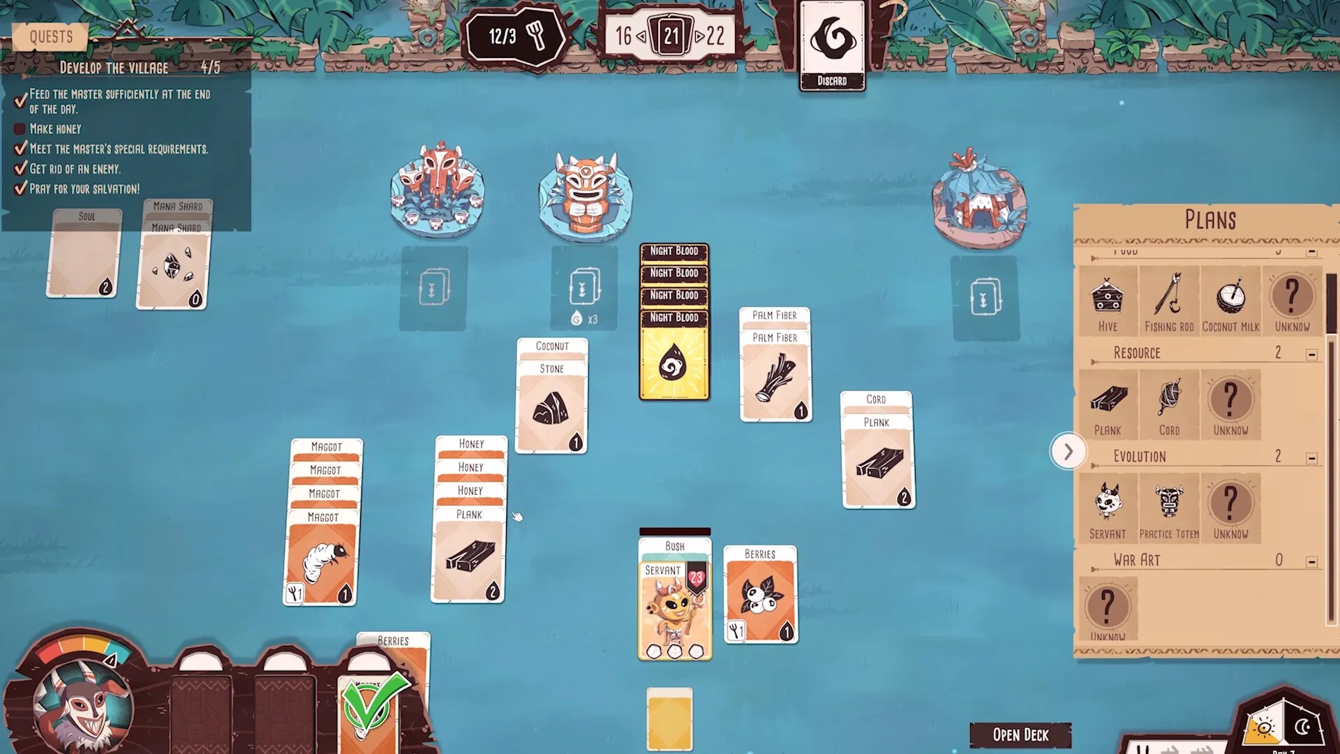 Kaya's Prophecy: Resource cards and quests in a tribal setting with vibrant UI elements displayed