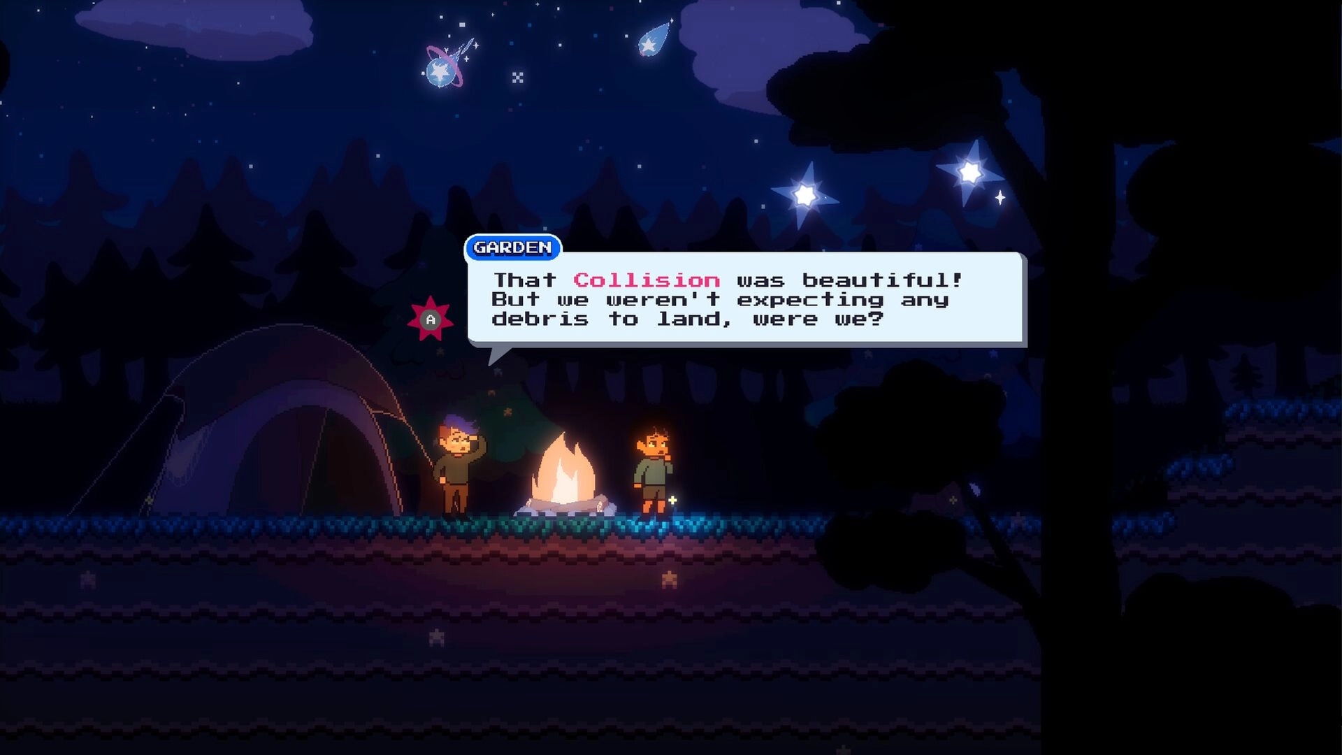 Keaton's Adventure: Dialogue between characters by a campfire under a starry sky in a forest clearing