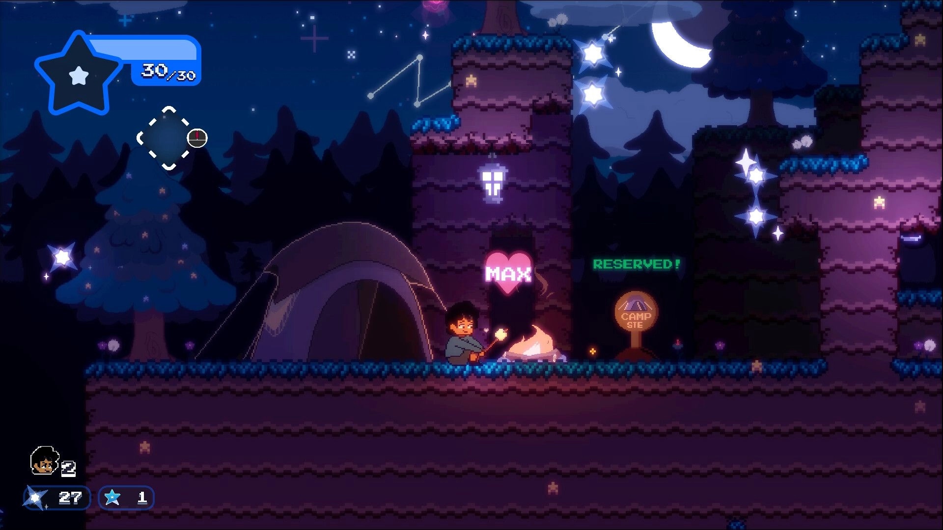 Keaton's Adventure: Nighttime campfire scene with Keaton by tent, heart icon, and starry sky above.