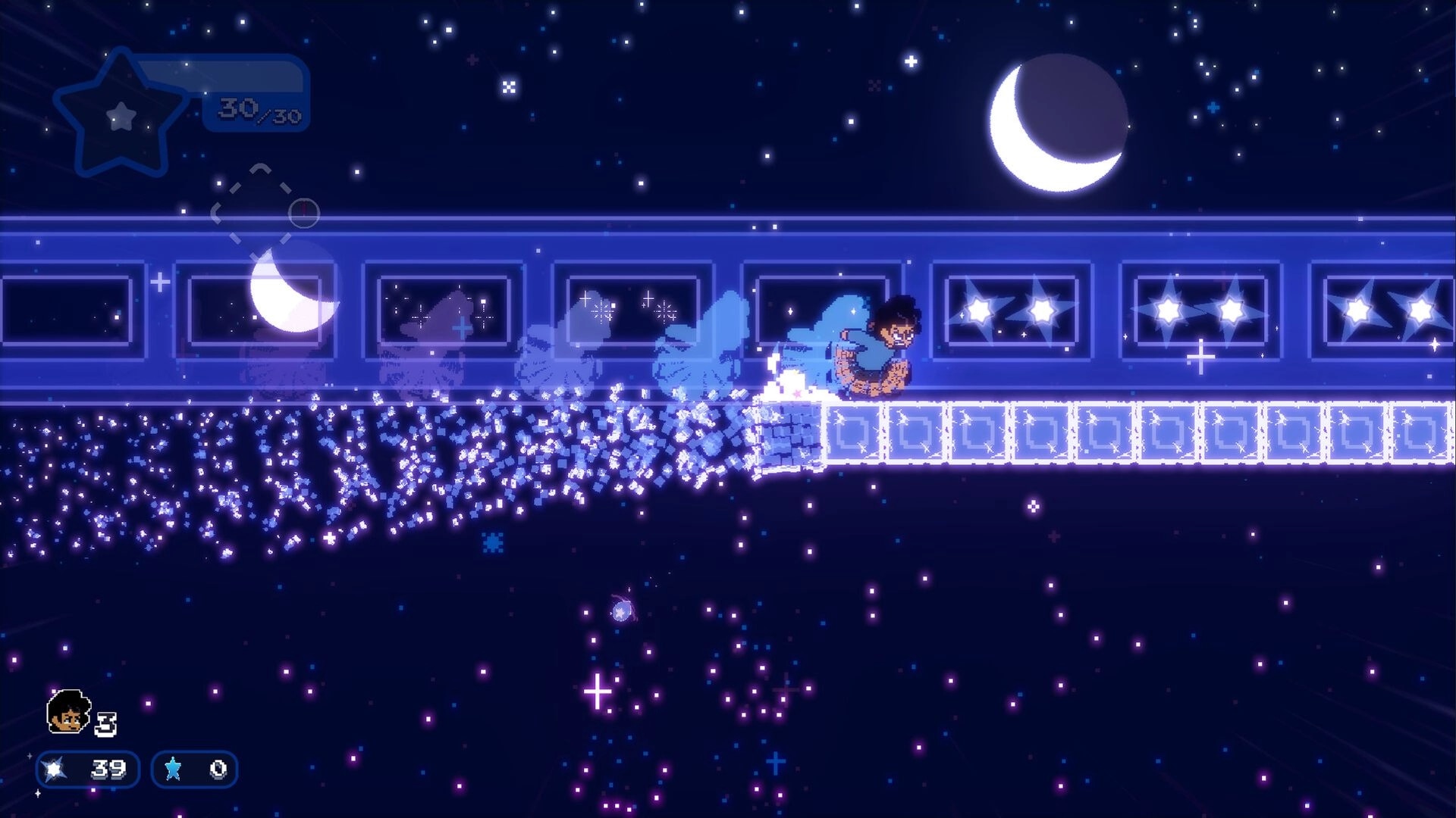 Keaton's Adventure: Keaton dashes across glowing platforms under a starry night sky with crescent moon.