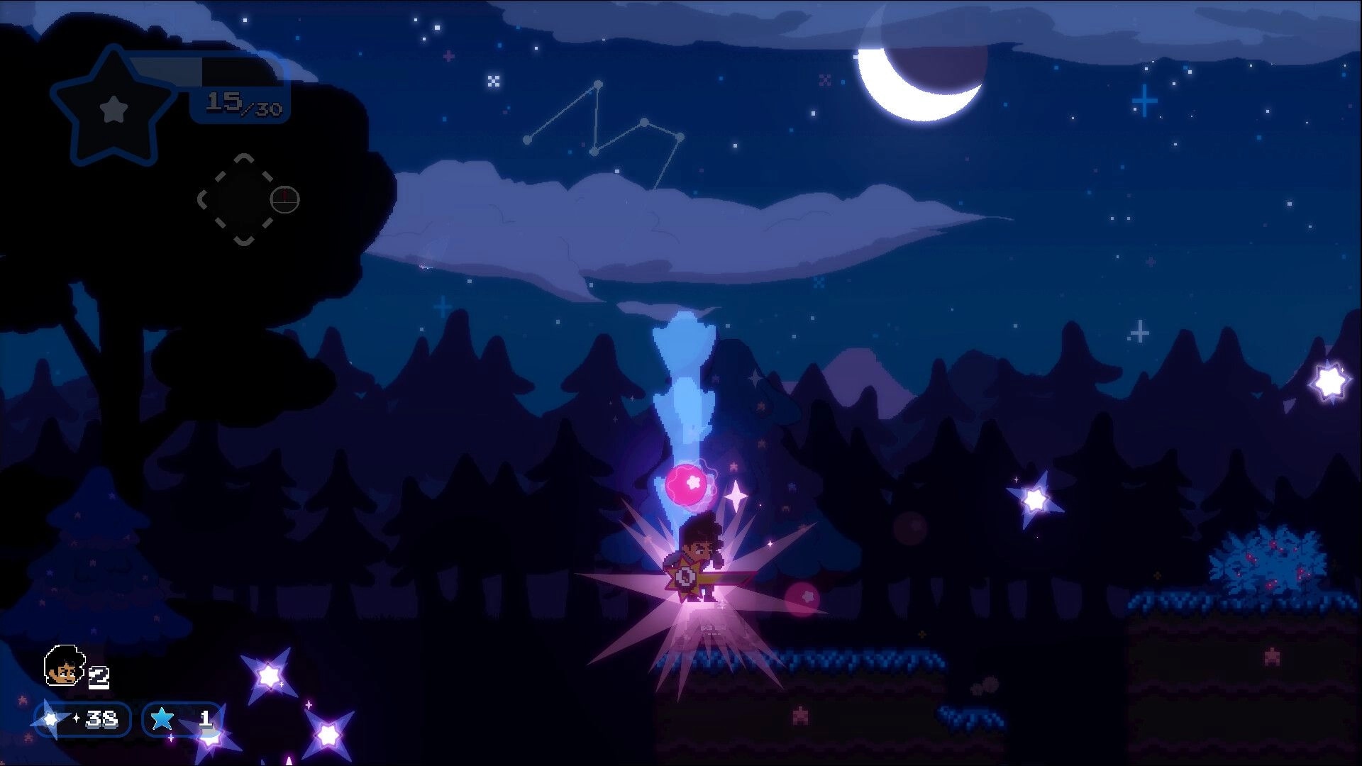 Keaton's Adventure: Keaton jumps amid glowing stars in a moonlit forest with HUD showing health and stars.