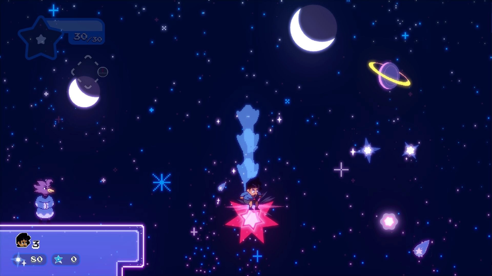 Keaton's Adventure: Keaton rides a red star through a starry galaxy with moons and planets visible.