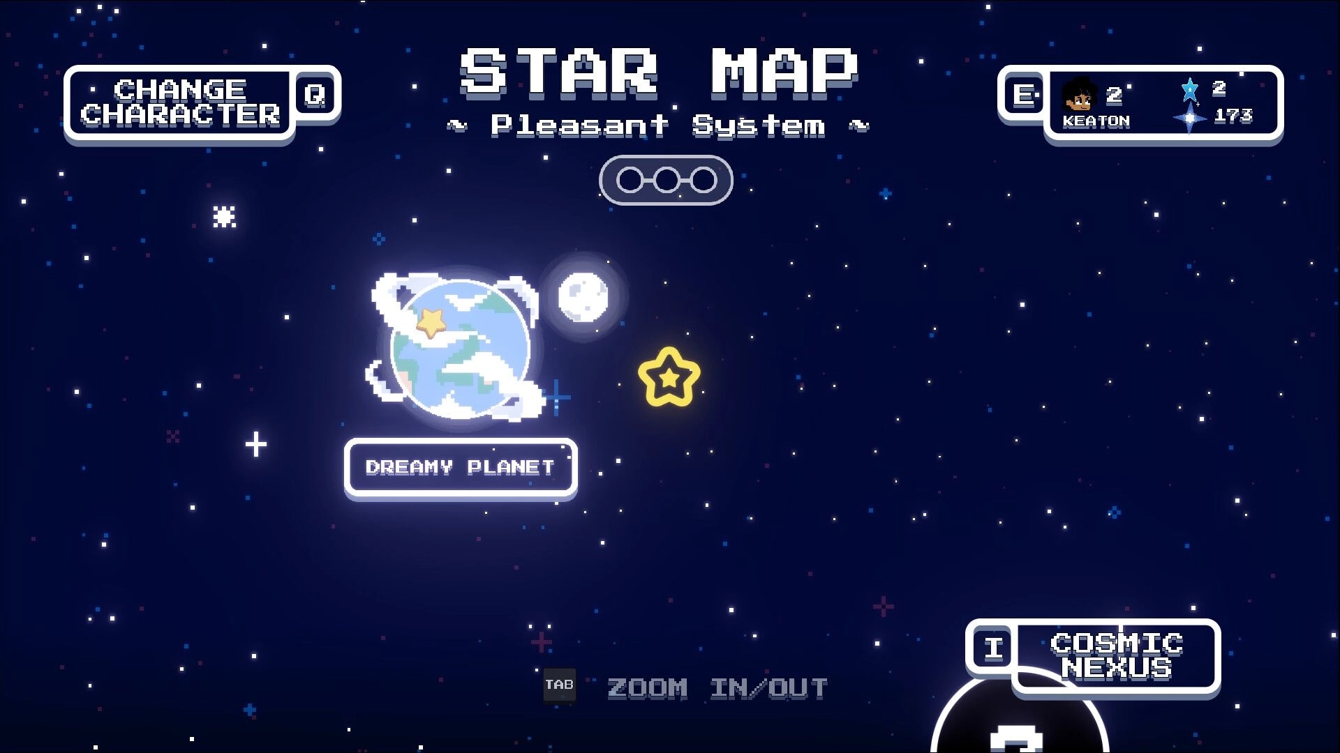 Keaton's Adventure: Star map with Dreamy Planet highlighted in Pleasant System environment
