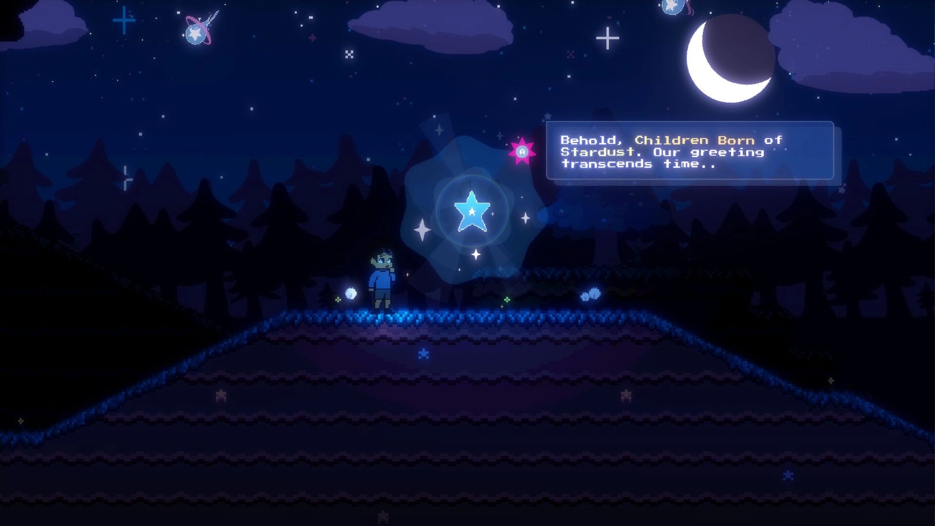 Keaton's Adventure: Keaton encounters glowing star with text dialogue under a night sky in a forest clearing.