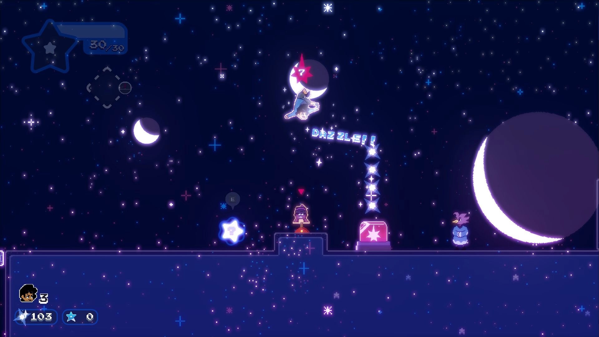 Keaton's Adventure: Keaton jumps to collect stars against a starry galaxy backdrop with UI elements visible.
