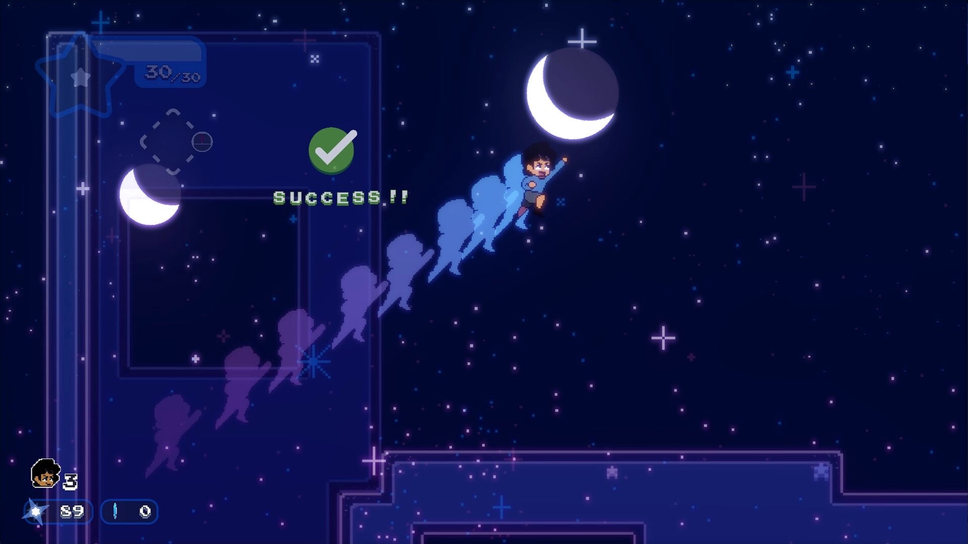 Keaton's Adventure: Keaton jumps among stars with success notification in cosmic Milkdromeda Galaxy setting.