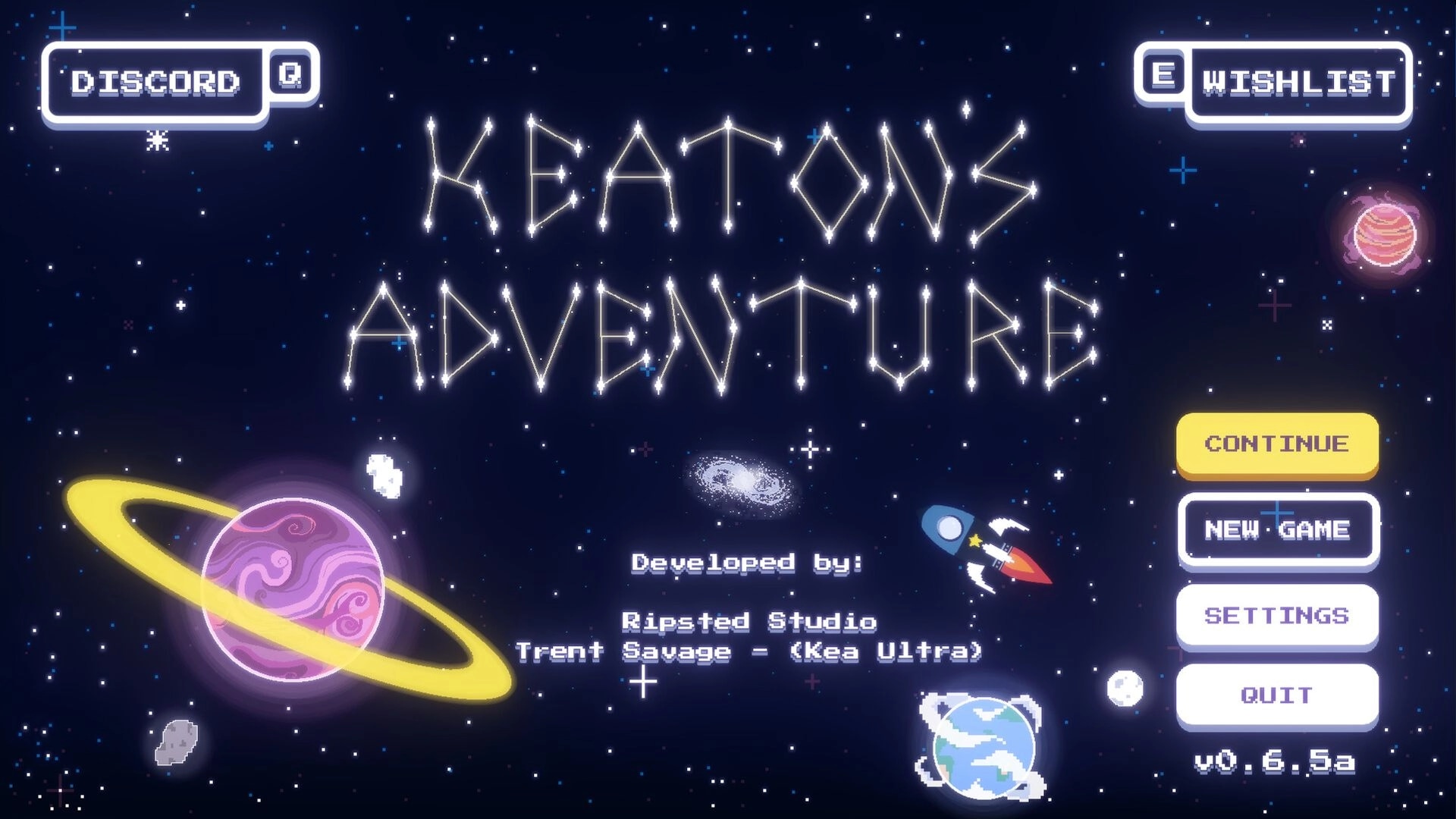 Keaton's Adventure: Title screen with galaxy background, menu options, and "Keaton's Adventure" logo.