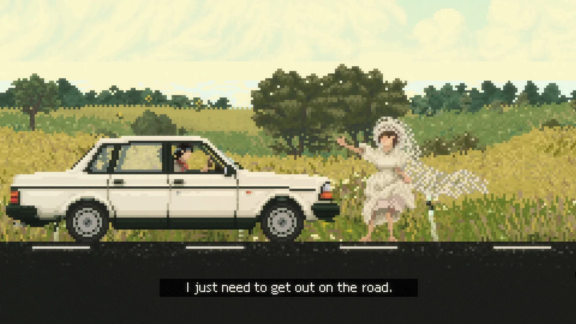 Keep Driving: Hitchhiker in wedding dress signals car on country road with dialogue subtitle visible