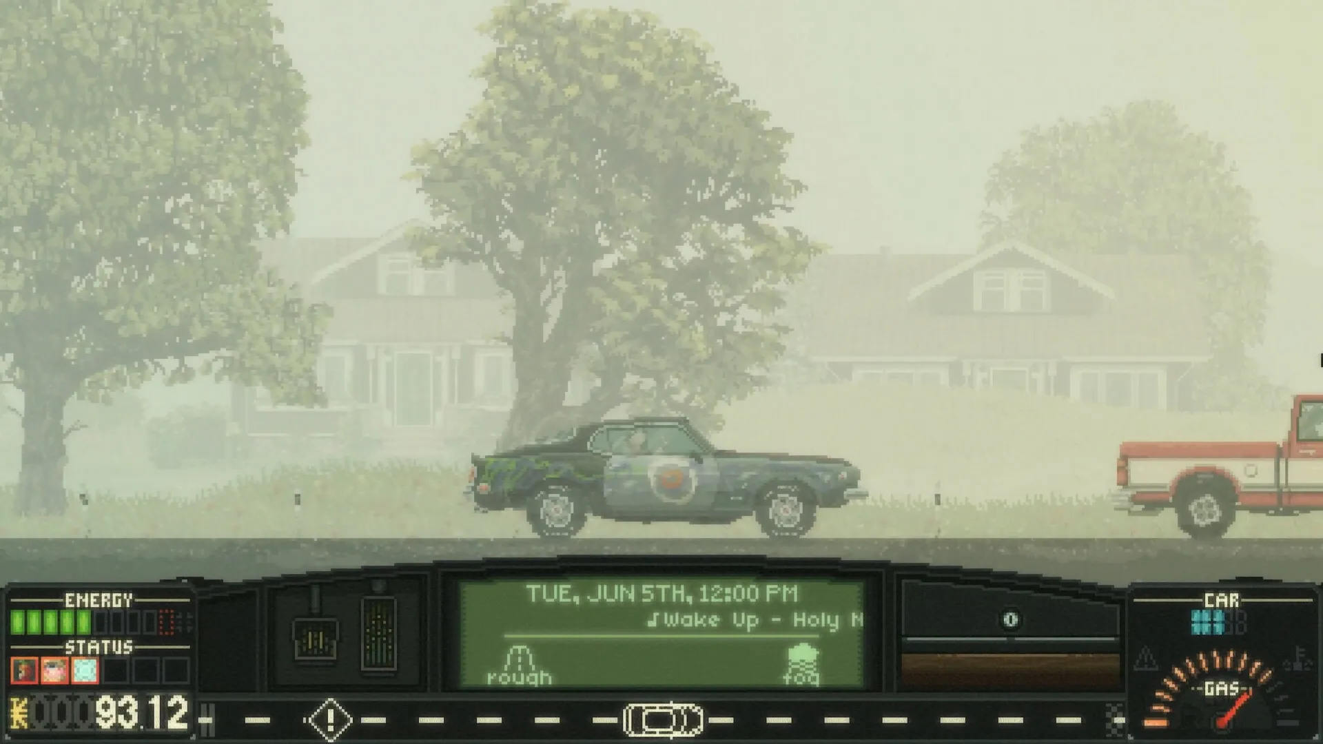 Keep Driving: Vintage car parked on foggy road beside houses, with energy and gas levels displayed