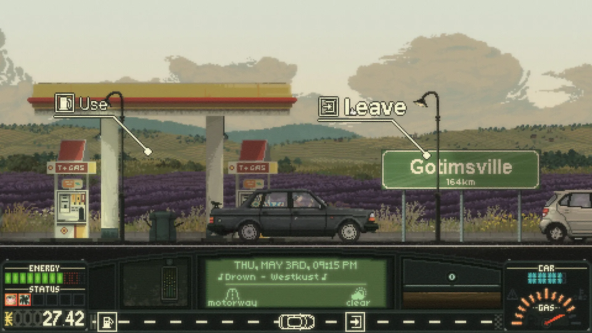 Keep Driving: Car parked at gas station with options to "Use" or "Leave" near road sign to Gotimsville