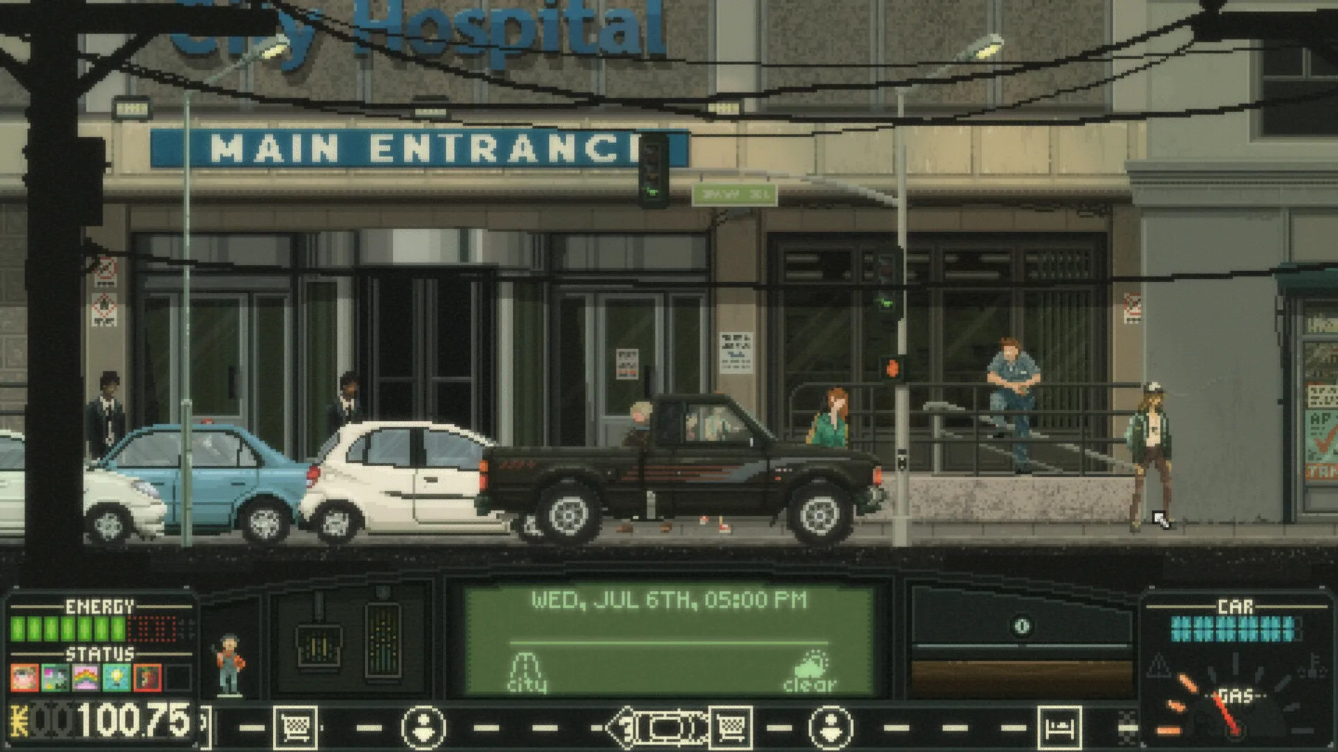 Keep Driving: Pickup truck parked outside a hospital entrance, various characters and UI elements displayed