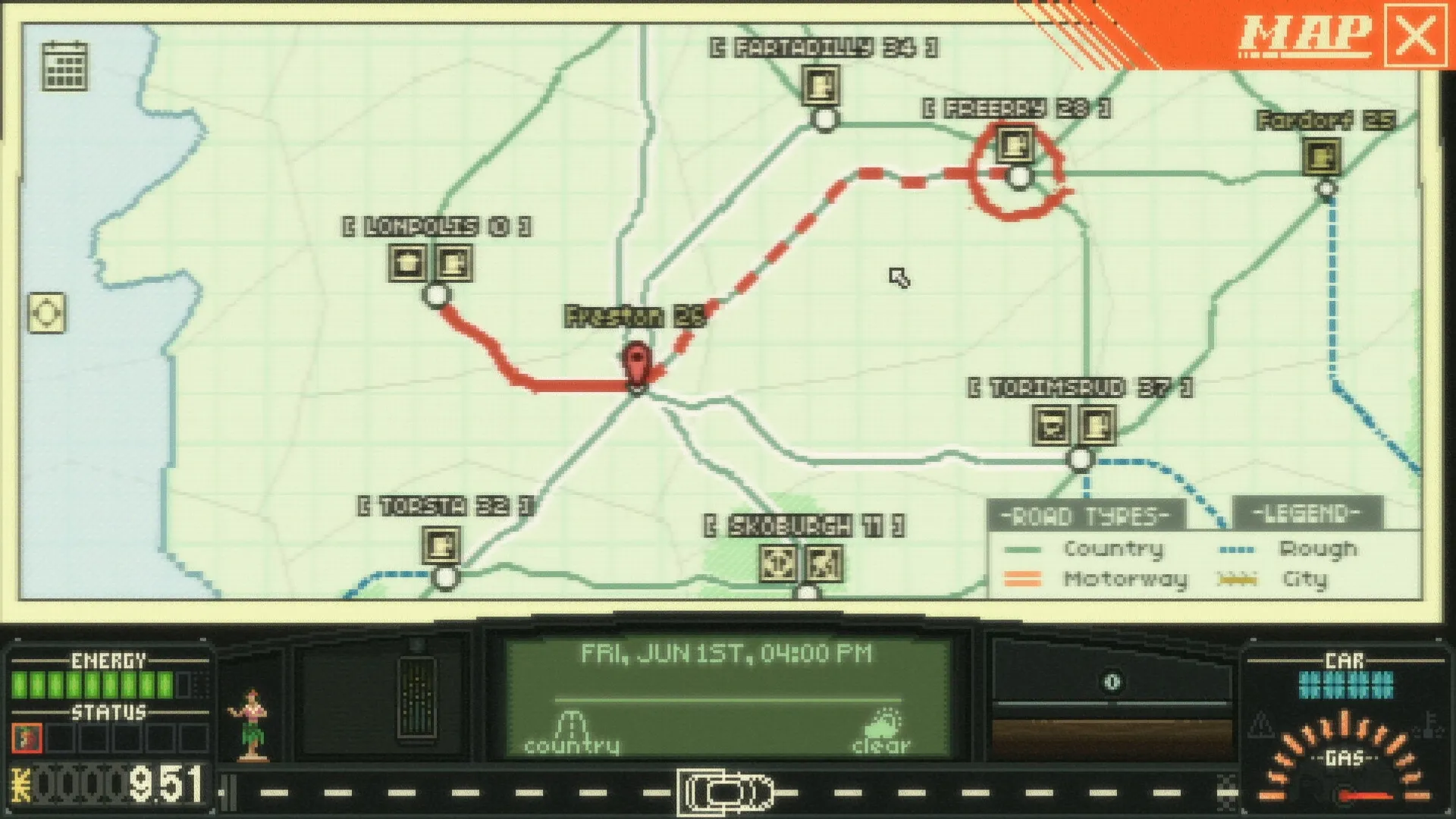 Keep Driving: Route planning map with various city markers and road types displayed on the screen.