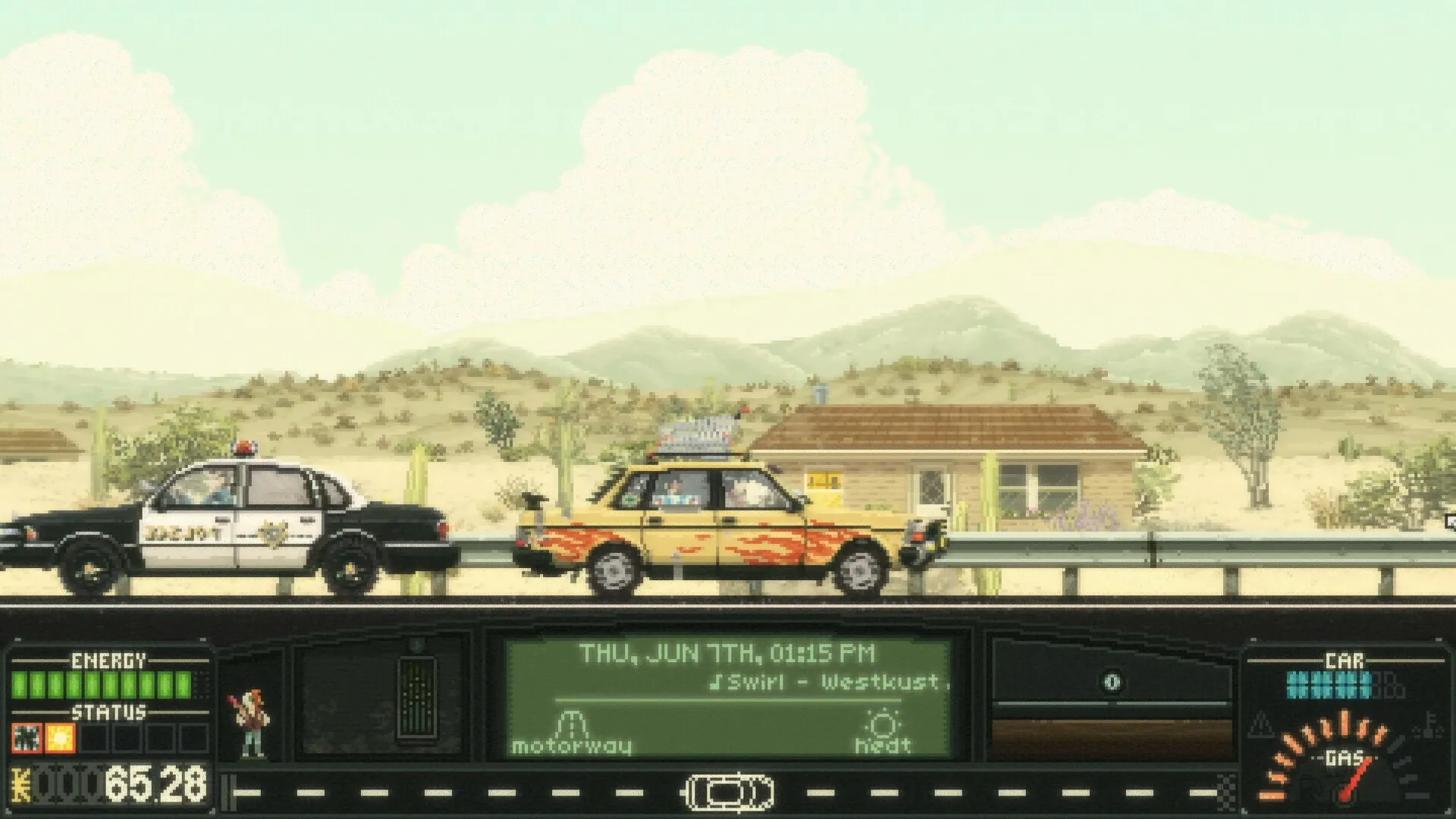 Keep Driving: Driving past a desert town with police car on highway, dashboard shows time and speed