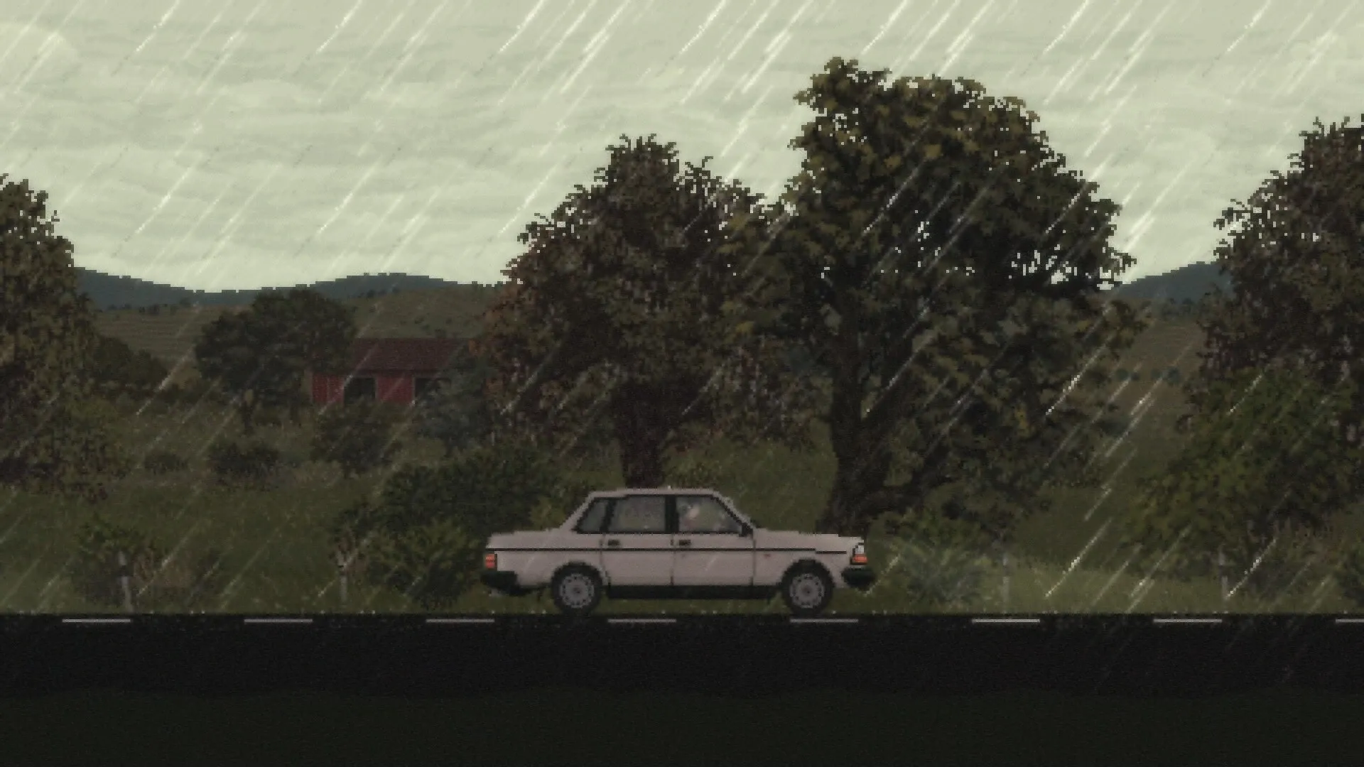 Keep Driving: Car driving through rain on a rural road with trees and distant hills in the background.