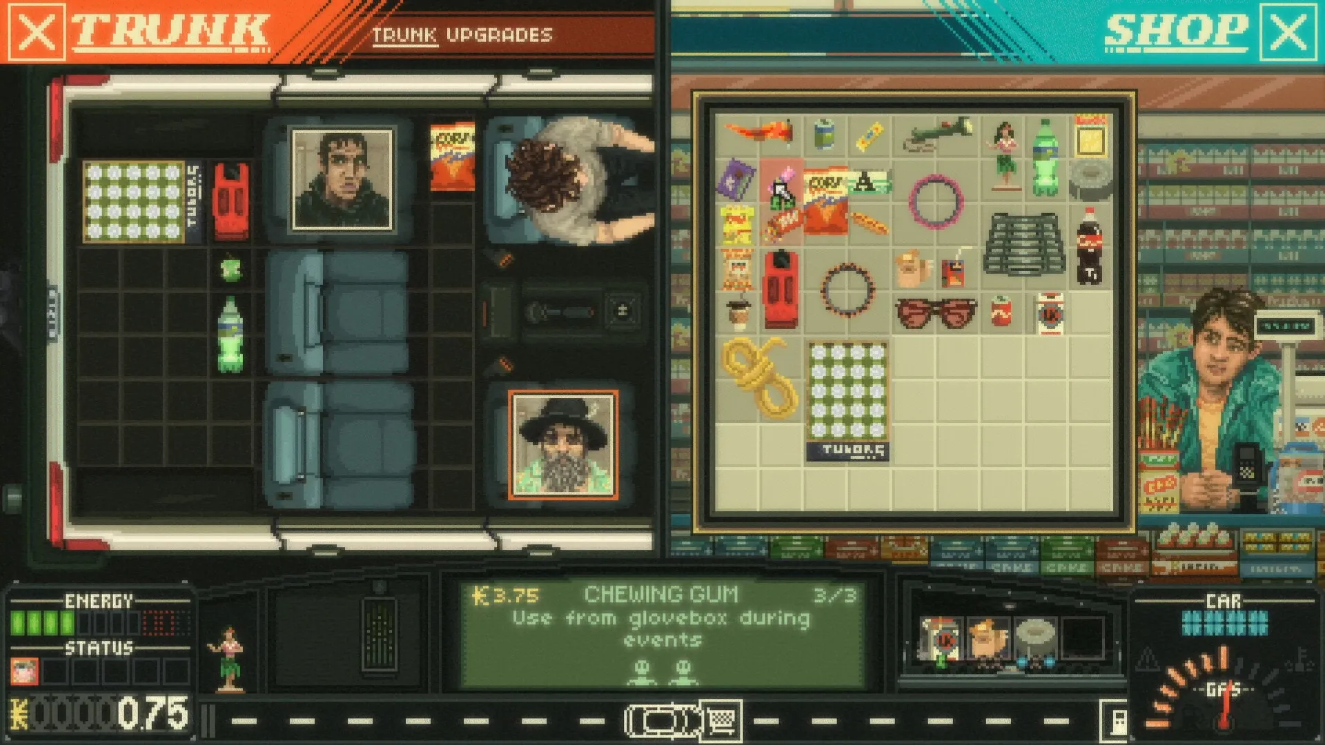 Keep Driving: Trunk and shop inventory screens with various items and a shopkeeper in a convenience store.