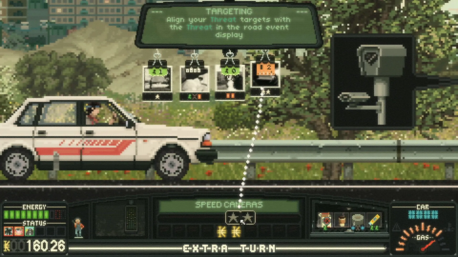 Keep Driving: Player drives past speed camera with targeting UI and energy status in forest setting
