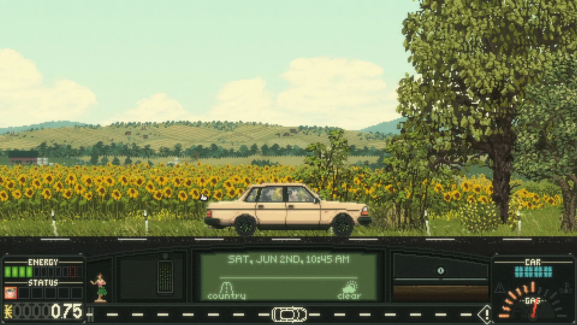 Keep Driving: Car driving through sunflower fields with energy and status gauges displayed on the dashboard.