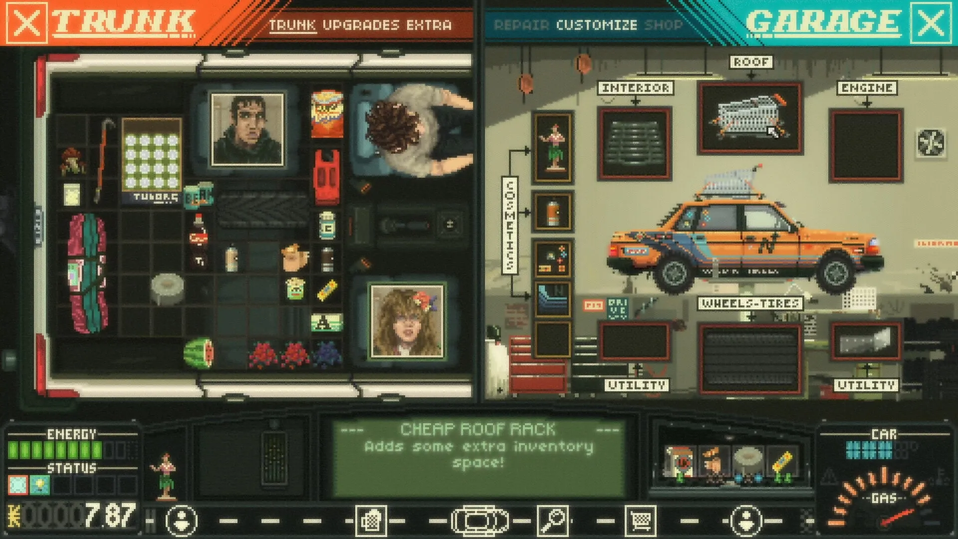 Keep Driving: Trunk inventory and garage customization menu with car upgrades and item selection