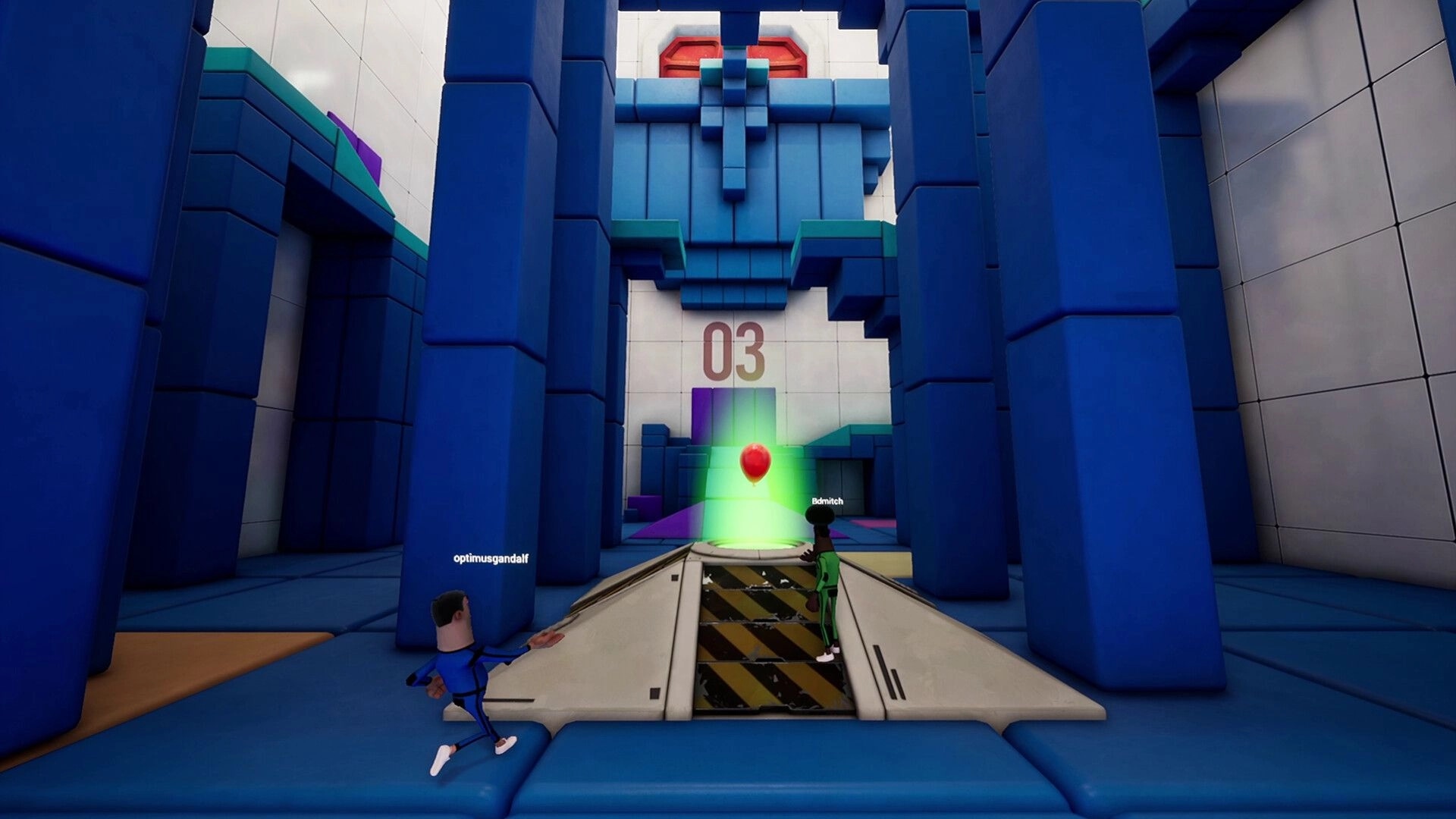 Keep It Up!: Two players chase a red balloon into green beam in blue blocky room labeled 03.