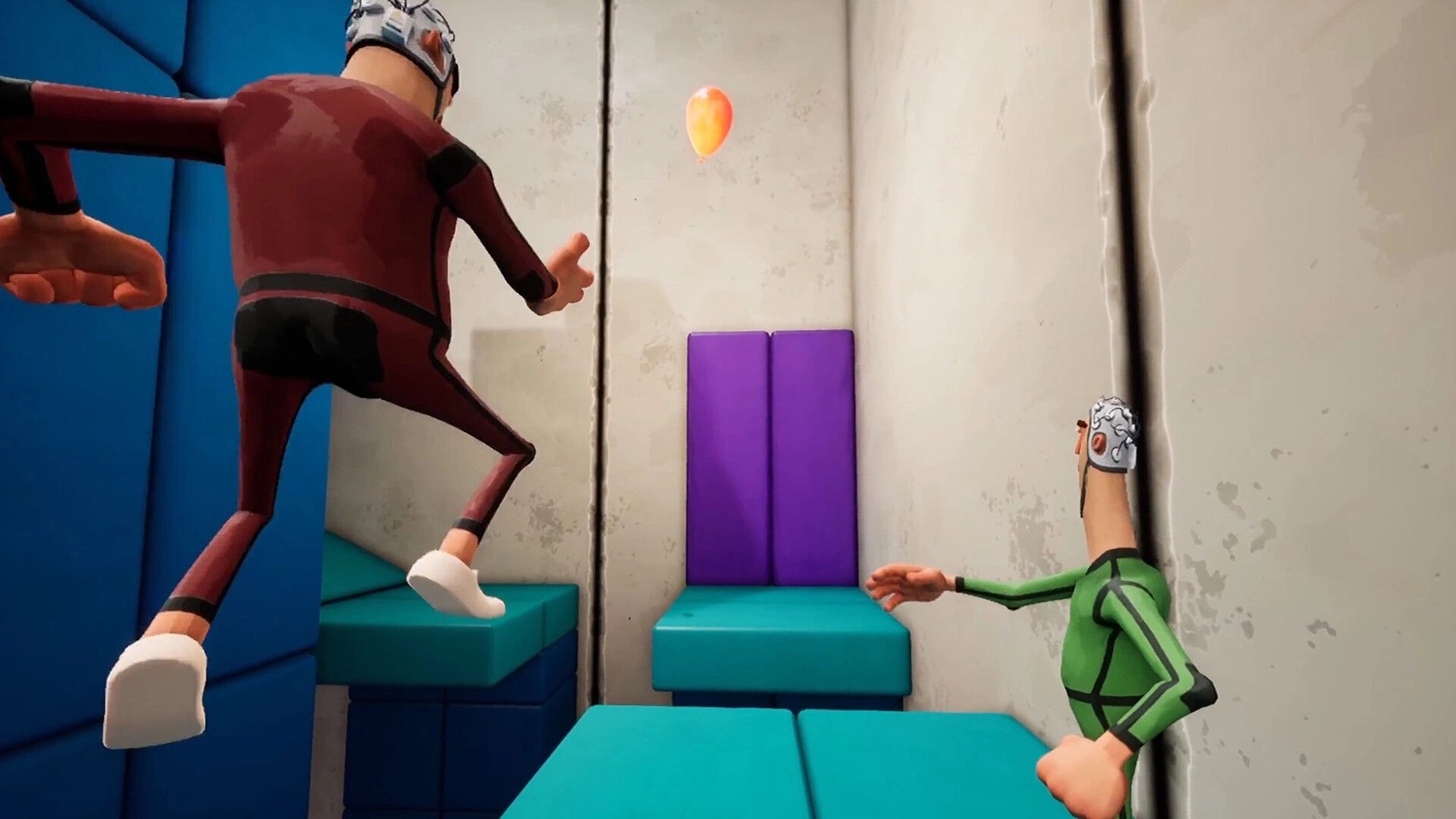 Keep It Up!: Two test subjects leap on padded platforms batting an orange balloon in a small room.