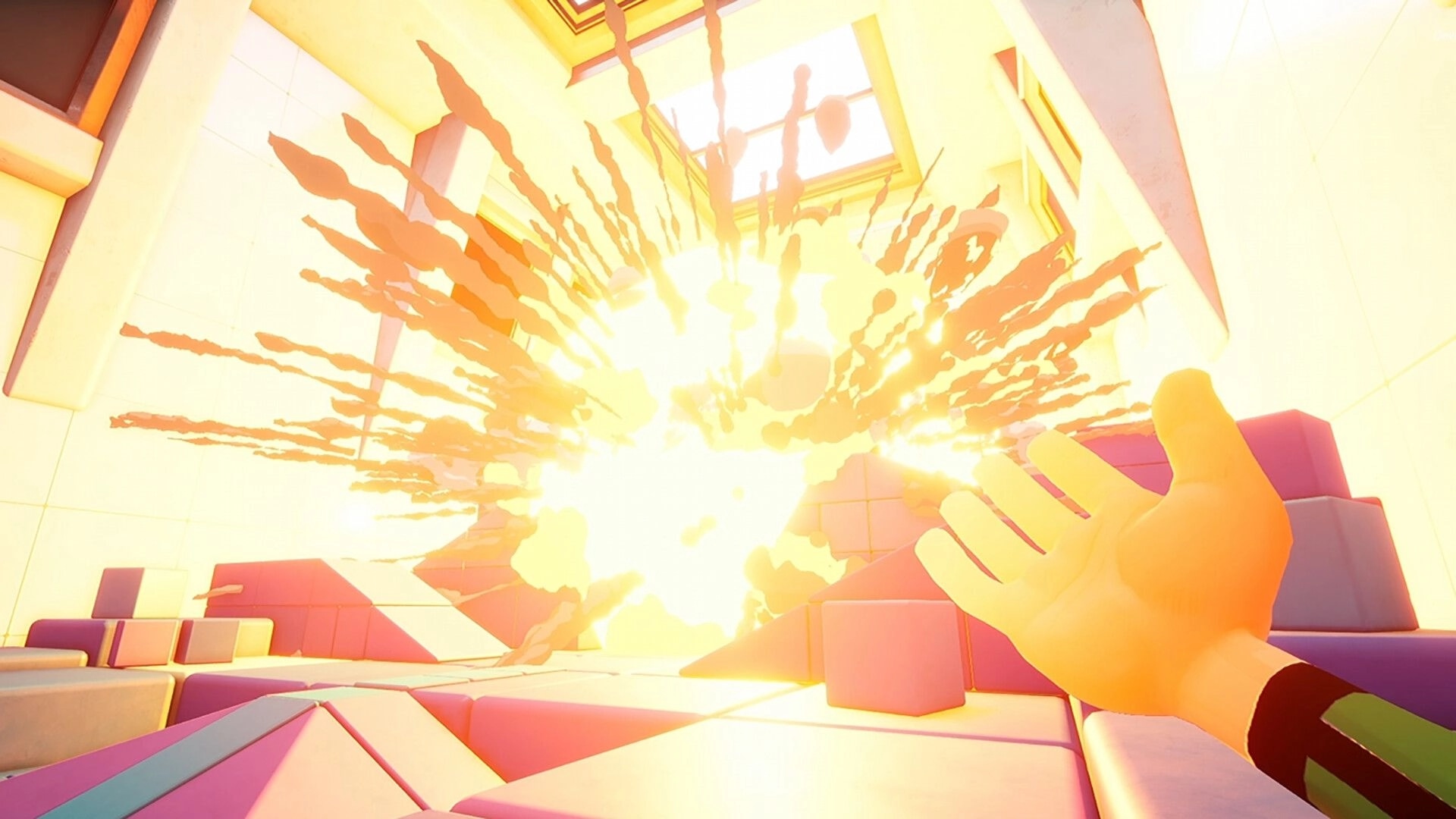 Keep It Up!: First-person hand reaches toward a bright explosion in a tiled obstacle room with blocks.