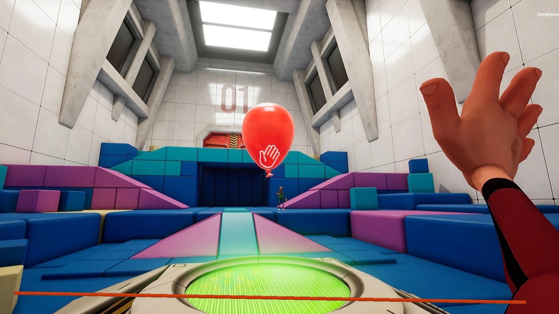 Keep It Up!: First-person hand reaching for red balloon in padded obstacle room with block ramps.