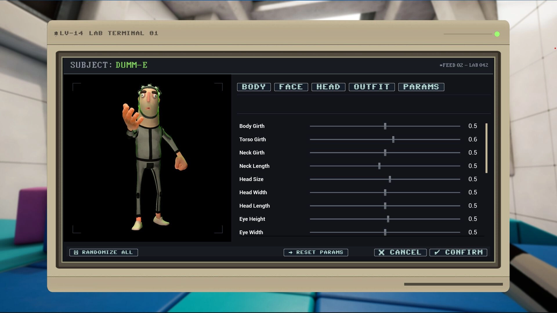 Keep It Up!: Lab terminal character editor for DUMM-E with body sliders and confirm/cancel buttons.