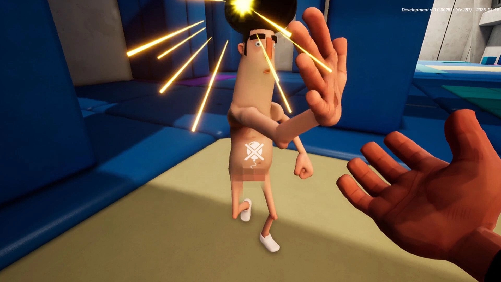 Keep It Up!: First-person slap hits a test subject as balloon sparks overhead in a padded blue room.
