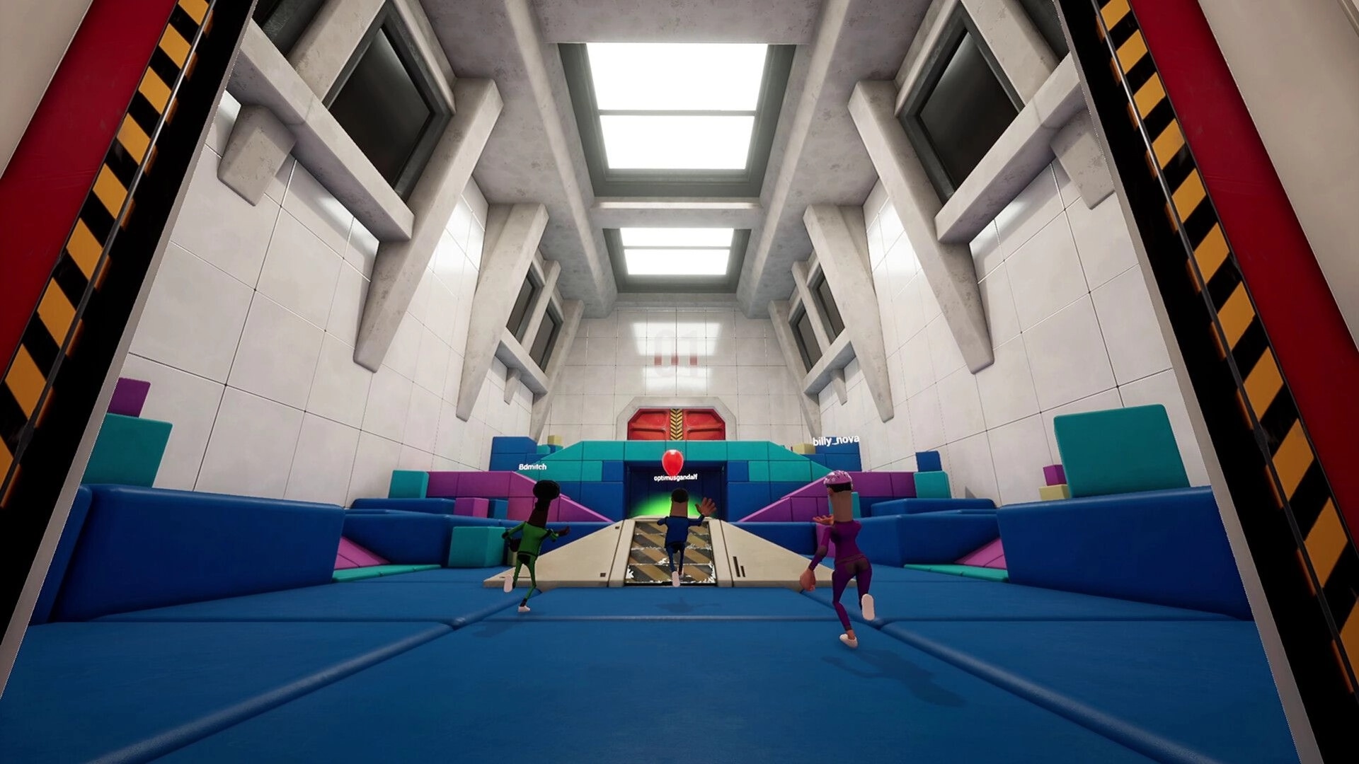 Keep It Up!: Three players chase a red balloon across padded ramps in a white test chamber arena.