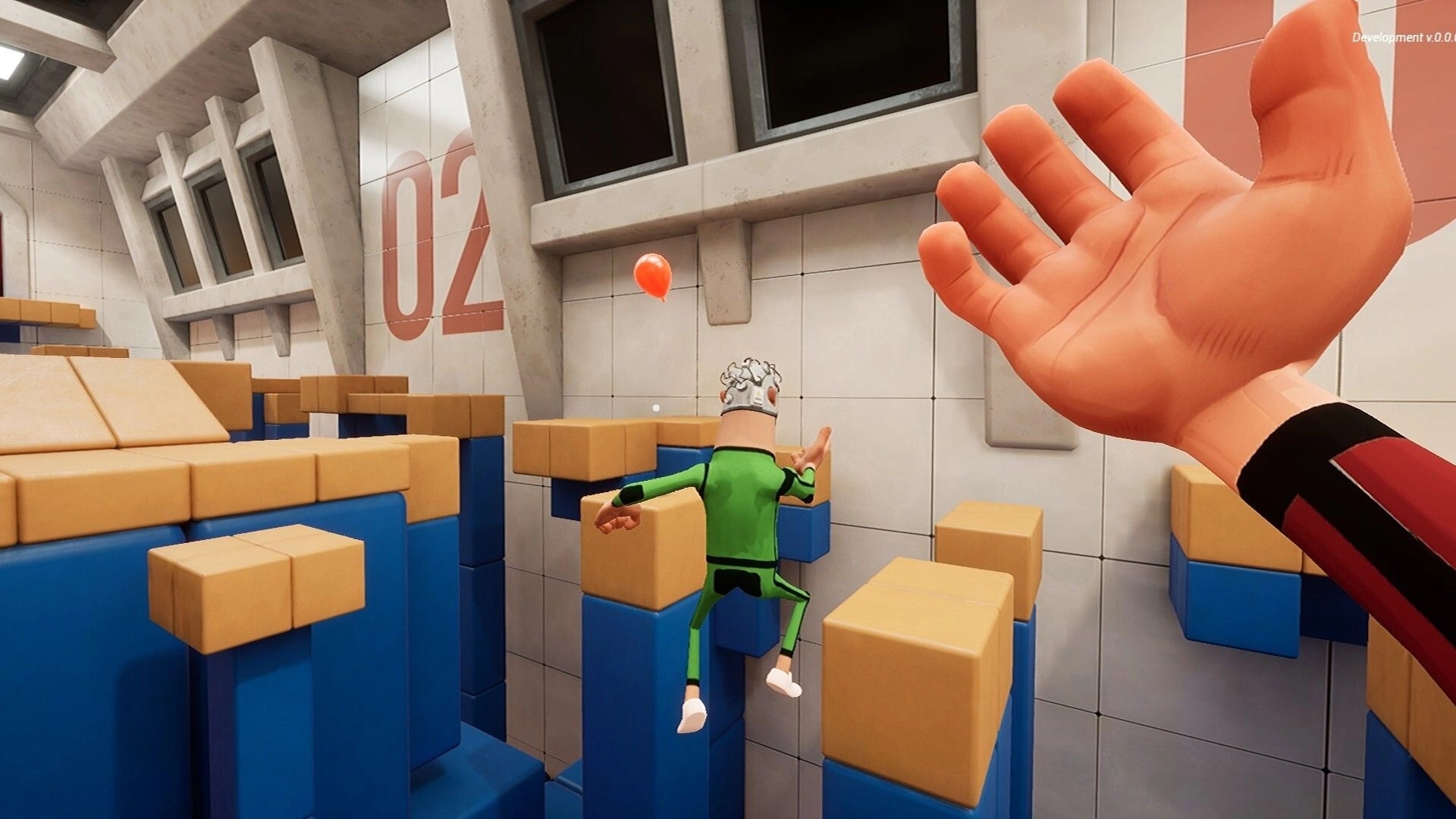 Keep It Up!: First-person slap reaches for red balloon above block platforms in test room 02.