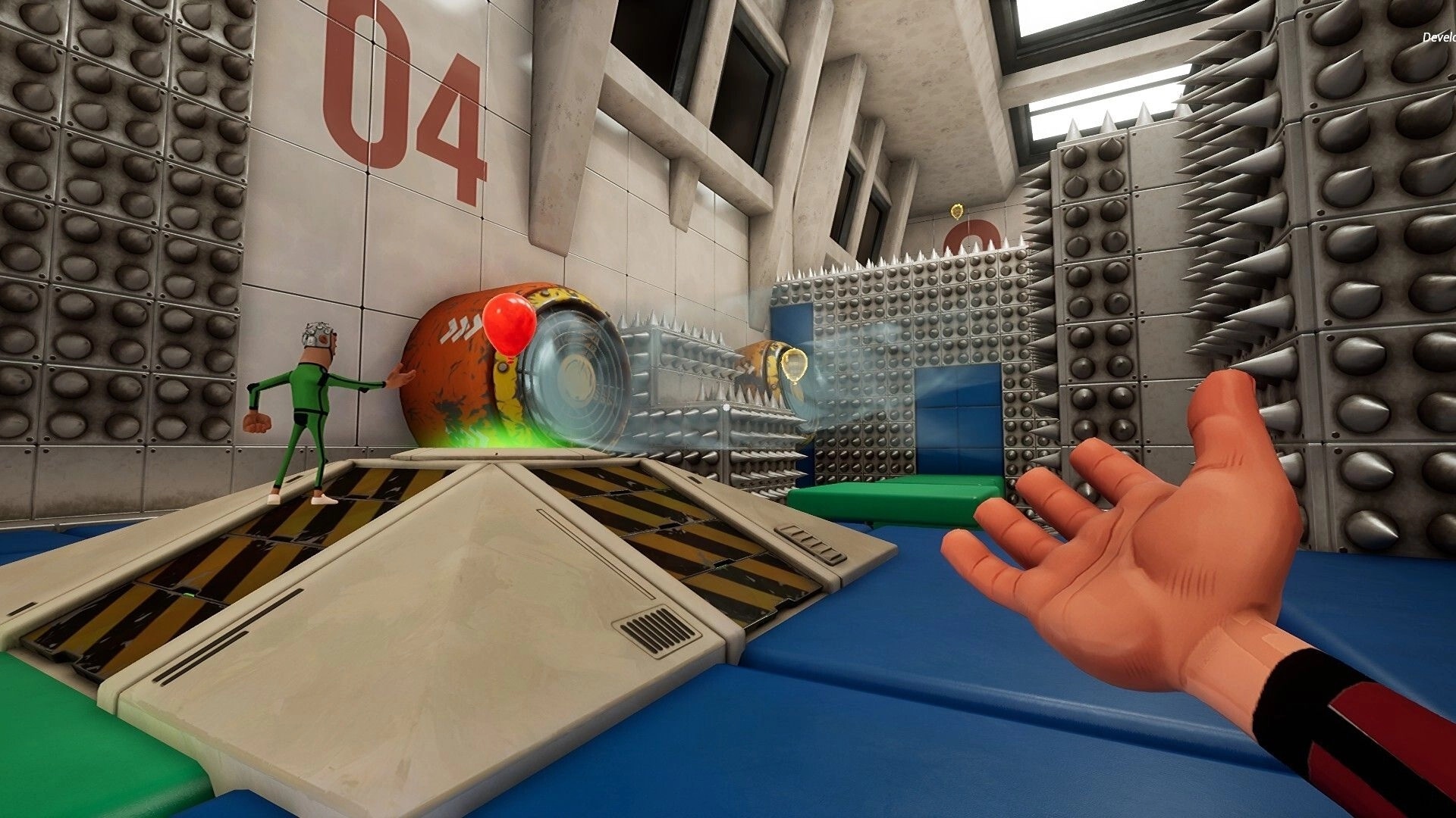 Keep It Up!: First-person hand reaching toward a red balloon in a spiked test chamber room 04.