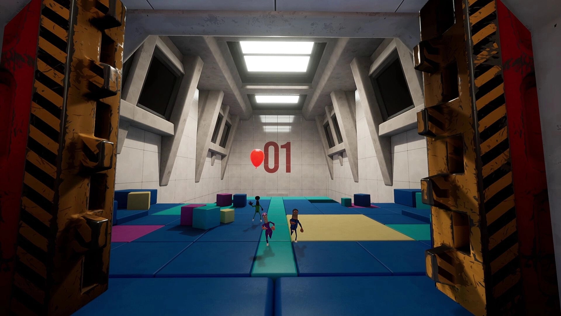 Keep It Up!: Three players chase a red balloon in room 01, padded floor with foam blocks obstacles.