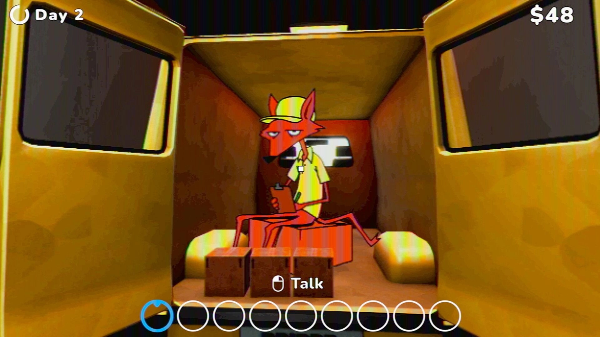 Keep Printing: Talk prompt to a fox delivery worker with boxes inside a yellow truck, Day 2 UI $48.