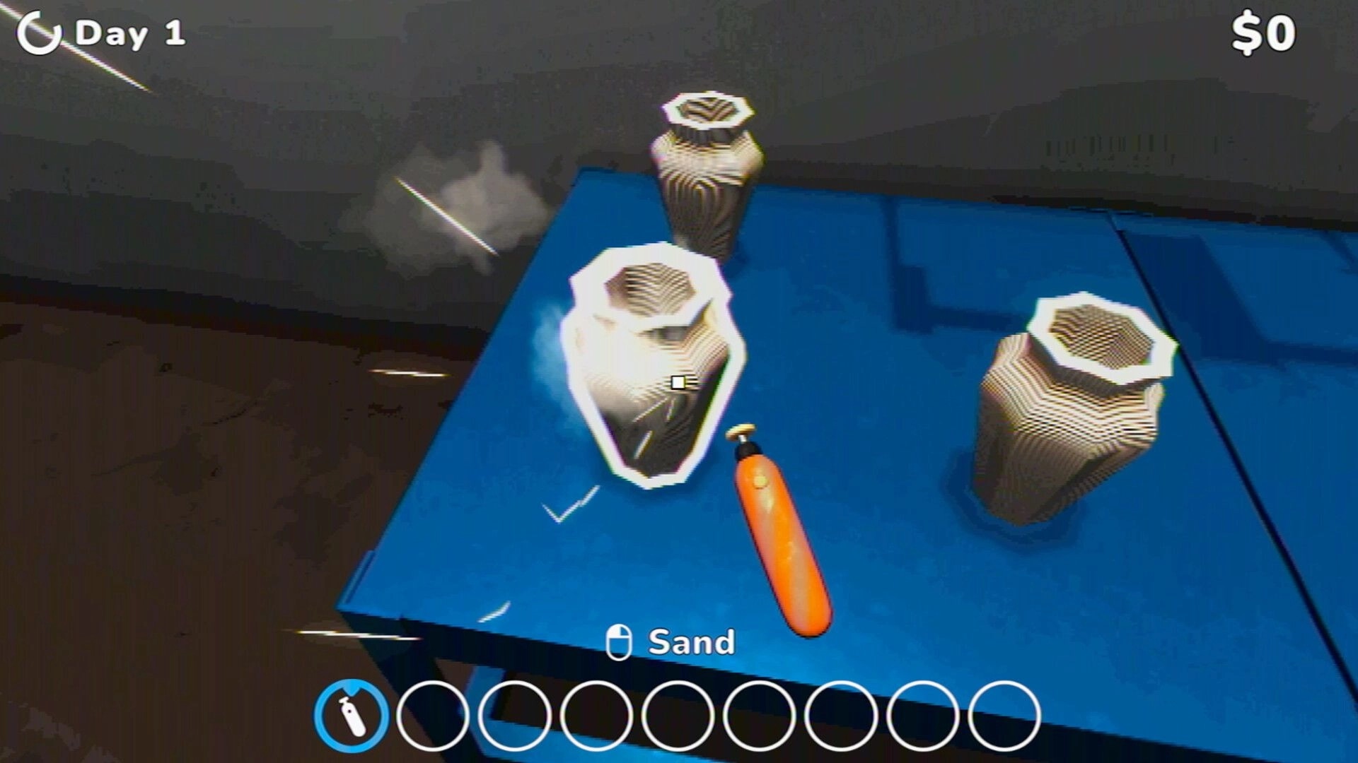 Keep Printing: Sanding a 3D printed vase on a blue workbench with Day 1 and $0 HUD visible.