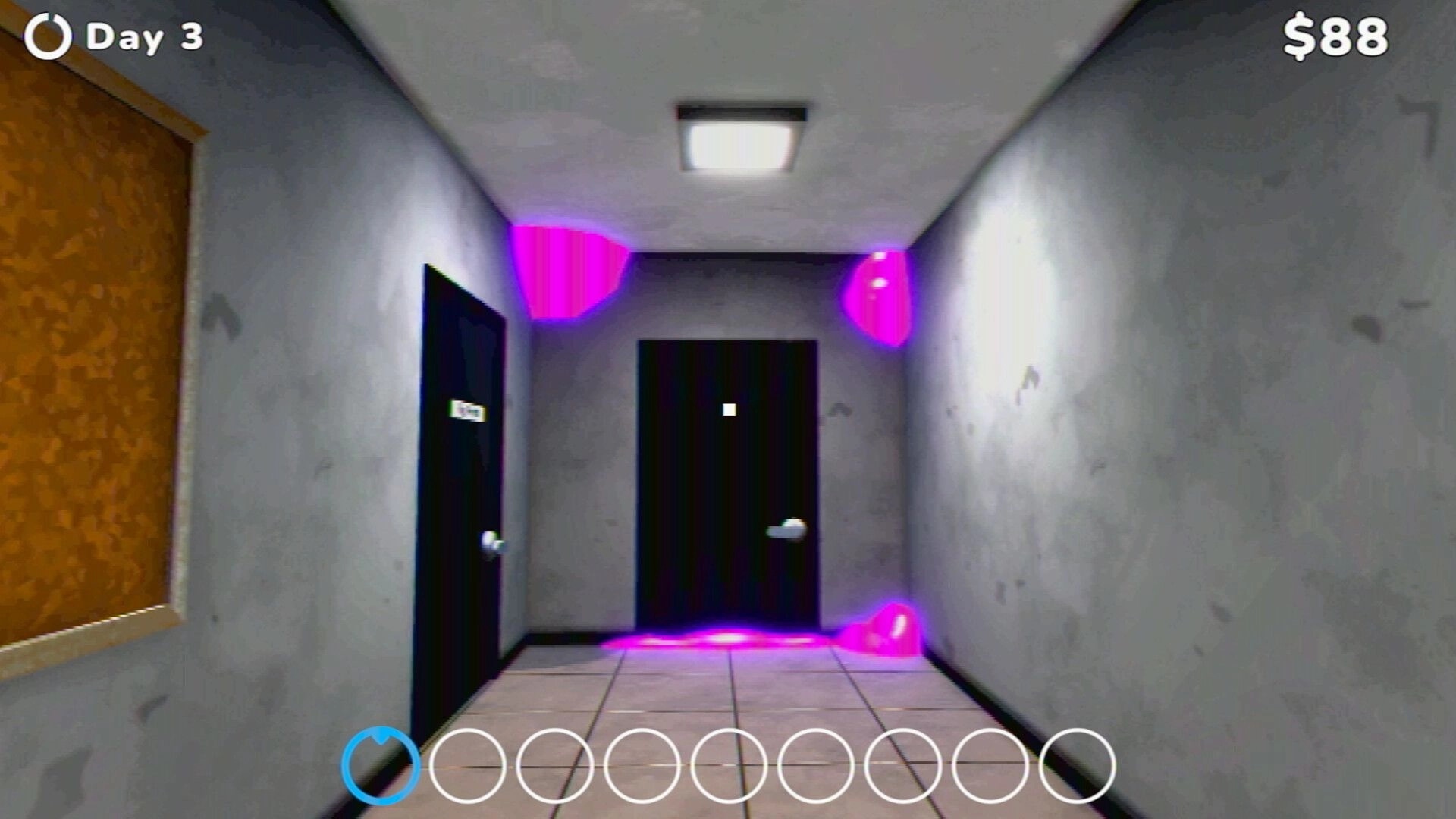 Keep Printing: First-person view down gray hallway with doors, purple goo, Day 3 and $88 UI bar.