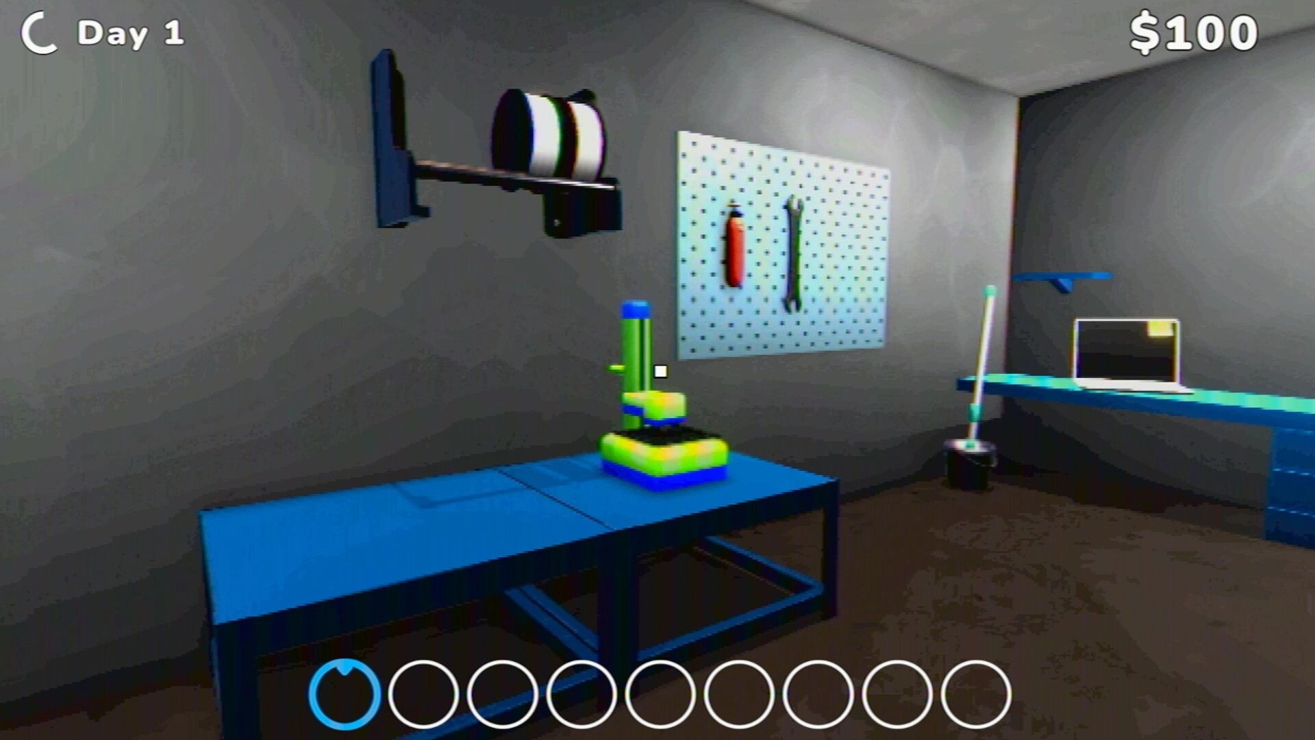 Keep Printing: Small 3D printer on blue workbench in workshop, Day 1 and $100 UI displayed.