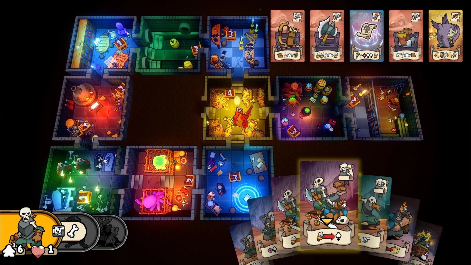Keep the Heroes Out: Dungeon map with colorful rooms, character cards, and a skeleton in the UI panel