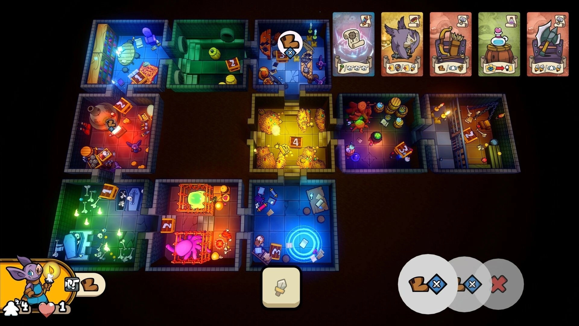 Keep the Heroes Out: Dungeon map with rooms full of treasures, item cards, and character stats displayed.