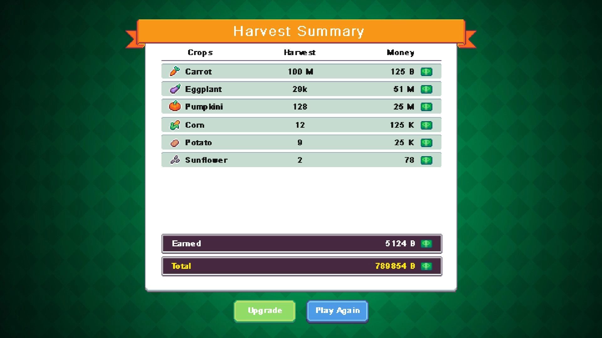 Keep Watering: Harvest Summary screen listing crop totals and money earned, with Upgrade button below.
