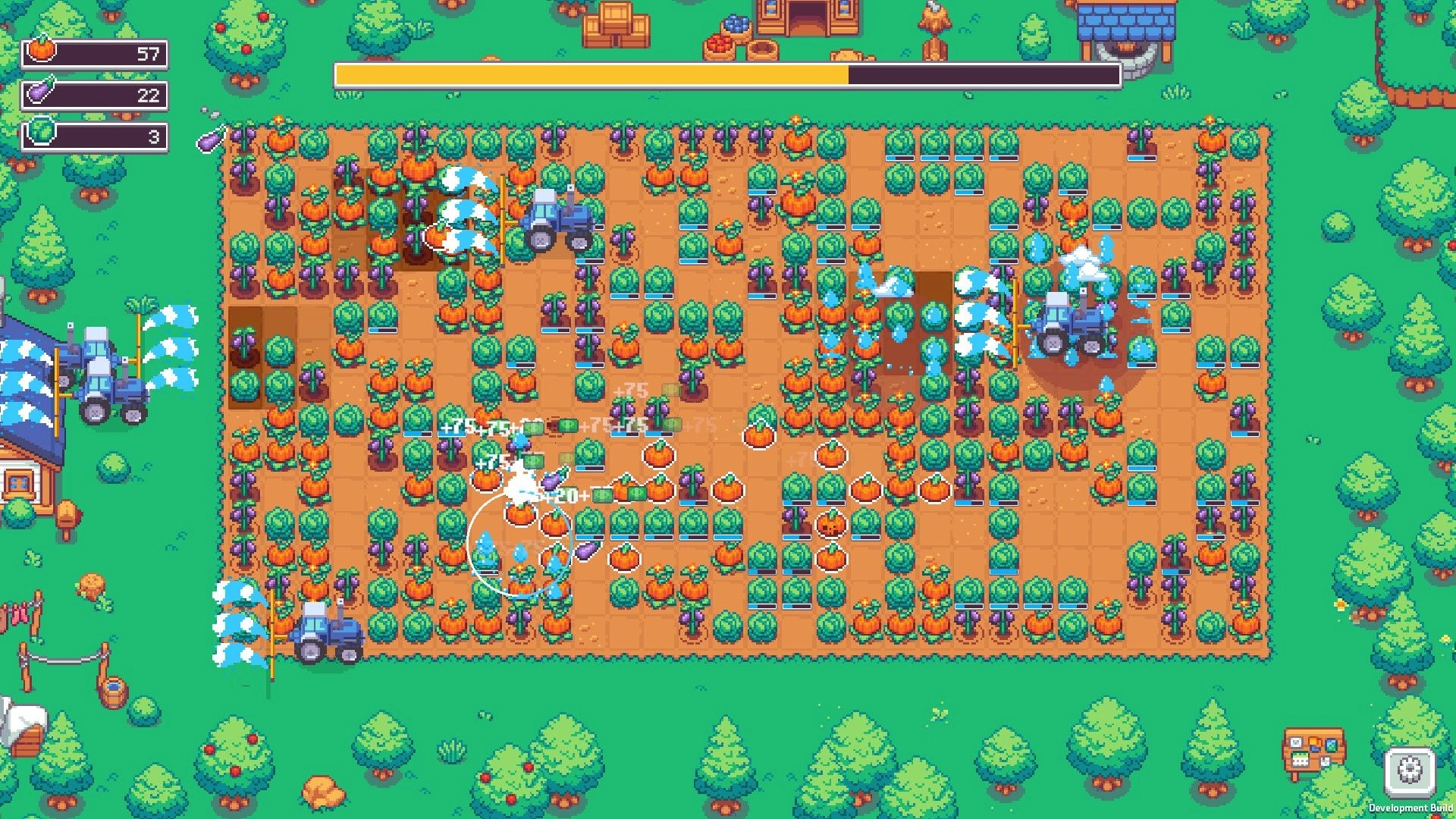Keep Watering: Tractors spray water over crop tiles with resource counters and progress bar on farm field.